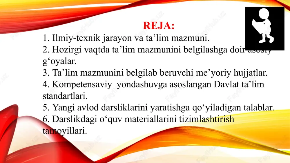 bilimlarni, faoliyat va munosabatlar tajribasini o‘zlashtirishda erishilgan darajadir. ta’lim tizimi sifatida – davlat muassasalari va boshqarish organlarining majmuasi bo‘lib ular doirasida insonni tarbiyalash jarayoni amalga oshiriladi. shu tariqa ta’lim doimo bir yula tarbiyalash jarayonini ham, o‘qitish jarayonini ham ifodalaydi. xix asrning ikkinchi yarmi va xx asrning boshlariga kelib, pedagogika tarixida «maktabda beriladigan ma’lumotning mazmunini bola xohishiga bo‘ysundirish» ga qaratilgan nazariya keng yoyildi. mazkur nazariyaning ko‘zga ko‘ringan vakili amerikalik faylasuf –pedagog jon dyudir. uning qarashicha maktab azaldan mavjud bo‘lgan tabiiy layoqatlarni, qiziqish va odatlarni rivojlantirishga xizmat qilmog’i lozim. shunday ekan, maktablarda hamma o‘quvchilar uchun umumiy bo‘lgan o‘quv rejasi va dasturlarning bo‘lishi ham shart emas, balki alohida-alohida shaxslar layoqatiga moslangan ma’lumotlar berilishi lozim. davlat ta’lim standartlari - umumiy o’rta, o’rta maxsus, kasb-hunar ta’limi va oliy ta’lim mazmuniga hamda sifatiga qo’yiladigan talablarni belgilaydi. davlat ta’lim standartlarini bajarish o’zbekiston respublikasining barcha ta’lim muassasalari uchun majburiydir. o’quv rejalari va dasturlari. ta’lim mazmuni o‘quv rejasi, dasturi …