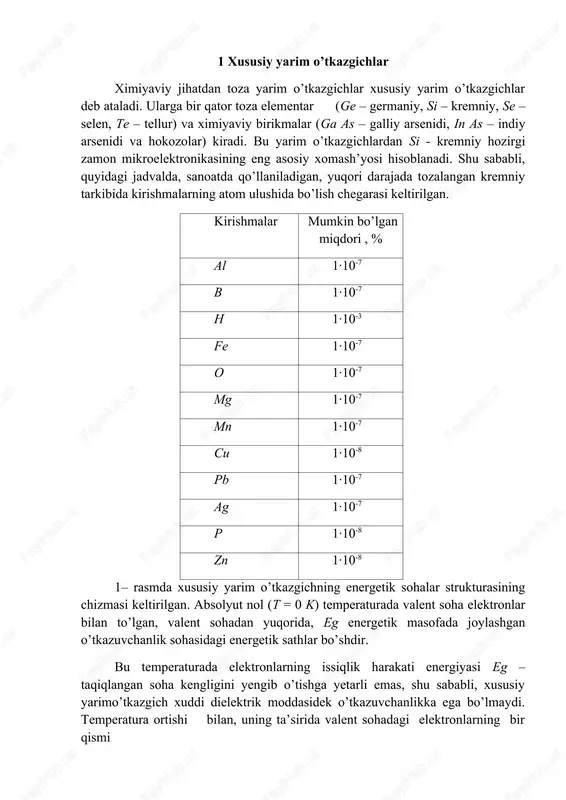ay kristallga tashqi elektr maydoni qo’yilganda, o’tkazuvchanlik sohasida elektronlarning maydon yo’nalishiga teskari bo’lgan tartibli harakati paydo bo’ladi. valent sohada esa, o’tkazuvchanlik sohasiga o’tgan elektronlarning musbat zaryadlangan holatlarining maydon yo’nalishidagi tartibli harakati paydo bo’ladi . natijada, kristall o’tkazuvchanlikka ega bo’ladi. taqiqlangan soha kengligi kichrayishi va kristall temperaturasi ortishi bilan, o’tkazuvchanlik sohasiga elektronlar ko’proq o’ta boshlaydi va kristall o’tkazuvchanligi orta boshlaydi. taqiqlangan sohasi kengligi eg = 0,66 ev ga teng bo’lgan germaniyda, uy temperaturasida (t = 250c) o’tkazuvchanlik sohasidagi elektron gaz konsentrasiyasi ni 1019 sm-3 tengdir va kristallning solishtirma qarshiligi 0,48 om.m ga teng bo’ladi. xuddi shu sharoitda taqiqlangan sohasining kengligi eg = 5,2 ev ga teng bo’lgan olmosning o’tkazuvchanlik sohasida elektronlar konsentrasiyasi ni 109 sm-3 ga, kristallning solishtirma qarshiligi i 108 om.m. ga teng bo’ladi. ammo, temperatura 600 k ga teng bo’lishi bilan elektron gazning konsentrasiyasi olmosda bir necha tartibga ortadi, solishtirma qarshiligi esa 0,5 om.m. ga yaqinlashadi. yuqoridagilardan quyidagi ikkita …