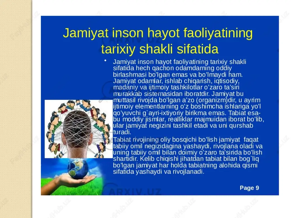 hning jamiyat uchun ahamiyati ezgulikni qadrlash va uni targ‘ib qilish jamiyatning ijtimoiy muvozanatini saqlashda katta ahamiyatga ega. bunday insonlar boshqalarni yaxshilik qilishga undaydi, oilalar va jamoalarda mehr-oqibatni oshiradi, yosh avlodni tarbiyalaydi. xulosa har bir inson o‘z hayotida ezgu xislatlarni egallashi va ulug‘lashi kerak. ezgu likni ulug‘lagan inson nafaqat o‘zi baxtli bo‘ladi, balki atrofdagilarga ham ijobiy ta’sir ko‘rsatadi. u jamiyat uchun haqiqiy faxr bo‘lib, boshqalarga namuna bo‘ladi. image2.png /docprops/thumbnail.jpeg