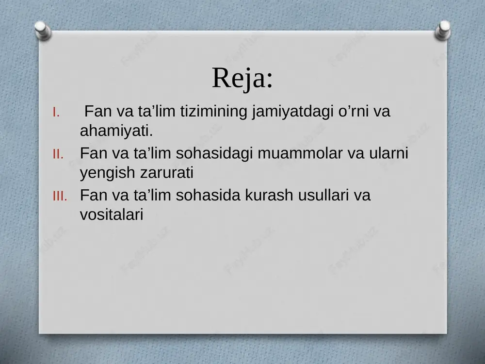 ratadi. fan va ta’lim sohasidagi muammolar va ularni yengish zarurati ma’rifatparvar olim abdulla avloniy bundan yuz yillar avval aytgan “tarbiya biz uchun yo hayot — yo mamot, yo najot — yo halokat, yo saodat — yo falokat masalasidir” degan iborasi ayni kunda ham o‘z qimmatini yo‘qotgan emas. darhaqiqat, dunyo bilan bo‘ylashishimiz uchun yoshlarimizning ta’lim-tarbiyasi muhim ahamiyat kasb etadi. 2 globallashuv globallashuv davrida jahonda ilm-fan, texnika va texnologiyalar shiddat bilan rivojlanayotganini aslo ko‘zdan qochirib bo‘lmaydi. bu esa o‘z navbatida ta’lim, ilm-fan oldiga yangi talablarni ko‘ndalang qo‘ymoqda. ta’lim tizimini muntazam isloh etish, o‘qitishning zamonaviy usul va vositalarini takomillashtirish, ta’lim mazmunini boyitib borish, demak, bugungi kunning ham dolzarb talabi bo‘lib qolaveradi. bugun amaldagi ta’lim tizimimiz zamonaviy, rivojlangan davlatlardagi kabi globallashuv talablariga javob bera olayaptimi? ta’lim tizimida yechimini kutayotgan qanday muammolar bor? xalqaro standartlar, zamonaviy ilm-fan yutuqlarini inobatga olgan holda, o‘quv dasturlari, darsliklar va o‘quv qo‘llanmalari, o‘qitish uslubiyatini muntazam takomillashtirish, ta’limning barcha bosqichlarida tabiiy-ilmiy …