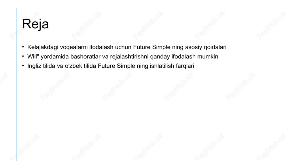 lash mumkin. masalan, "men ertaga darsga boraman" yoki "u keladi" kabi. bashoratlar va taxminlar future simple yordamida kelajakdagi voqealar haqida taxmin va bashoratlar qilish imkoniyati mavjud. bu, odatda, "probably" yoki "likely" kabi so'zlar bilan qo'llanadi. will yordamida kelajakdagi voqealarni aniq ifodalash usullari 1 kelajakdagi voqealarni aniq ifodalash "will" yordamida kelajakdagi voqealarni ifodalash uchun, odatda, shaxsga mos keladigan yordamchi fe'l bo'lib, kelajakdagi harakat yoki holatni bildiradi. bu usul, ayniqsa, rejalashtirilgan yoki ehtimoliy voqealarni ifodalashda keng qo'llaniladi. 2 shaxs va ot qo‘shilishi "will" yordamida gap yaratishda shaxsga mos keladigan yordamchi fe'l ishlatiladi. masalan, "i will go," "she will study." bu yondashuv, kelajakdagi harakatlarni shaxs bilan bog'lash uchun qulaydir va grammatik jihatdan to‘g‘ri hisoblanadi. 3 vazifalar va bashoratlar "will" yordamida kelajakdagi voqealarni aniq ifodalash mumkin. bu usul bilan, biz rejalashtirilgan harakatlar yoki ehtimoliy holatlarni, masalan, "it will rain tomorrow" yoki "i will help you," aniqroq tasvirlaymiz. rejalashtirish va bashoratlarni ifodalashda 'will' ning roli …