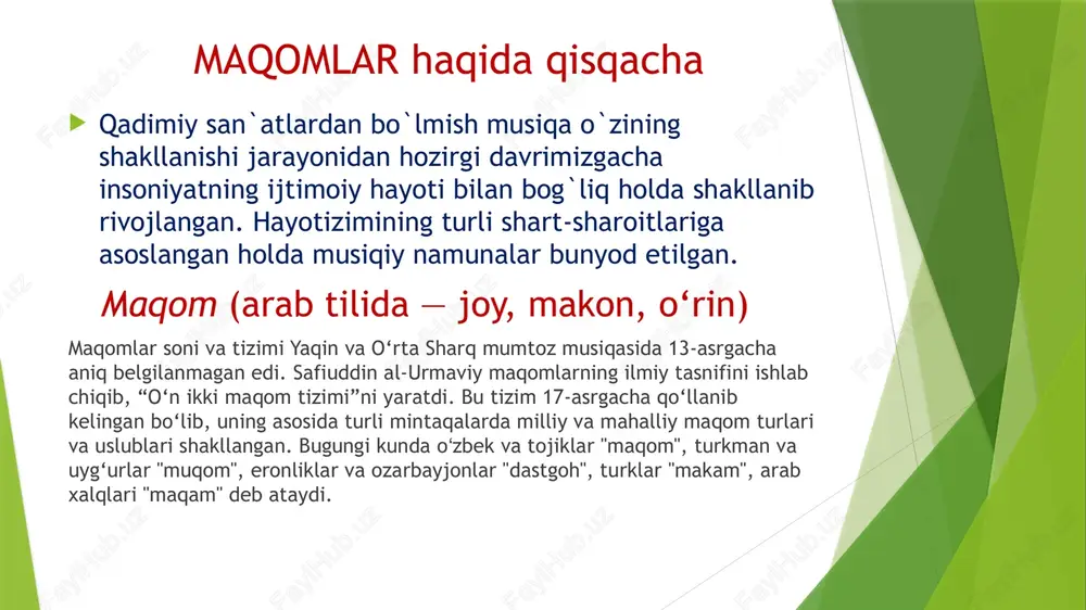 ozov va boshqa ustozlardan o’rganib notaga olgan, uni avval bir jild, keyin 1980 yilda uch jildlik etib chop qildirgan, yana bir ulkan bastakor matniyoz yusupovdir (1925-1992). xorazm maqomlari quyidagi tartibda keladi: *rost *dugoh * buzruk *segoh *navo *iroq * panjgoh har bir maqom ikki yirik bo'limdan iborat 1.nasr (ashula qismi) 2.mushkulot (chog’u qismi) maqomlarning cholg`u bo`limlarida bir xil nom bilan ataladigan cholg`u qismlari bo`lib, ularning ohanglari turlicha bo`lsada, doira usullari bir xildir. ular tasnif, tarji, gardun, muxammas va saqil nomlari bilan mashhurdir. maqomlarda nomdosh bo`lmagan cholgu qismlar ham uchraydi. masalan: navo maqomida– nag`mai oraz, dugohda -peshravi dugoh va samoyi dugoh, segoxda - hafifi segoh - va hokazo . maqom cholg`u yo`llarining kuy tuzilishi murakkab bo`lsada, o`zining rang - barangligi, ohangdorligi bilan eshituvchini maftun etadi. ular uchun xos narsa shuki, har bir cholg`u qism xona va bozgo`ylardan tarkib topgan. xona - uy, bo`lma, musiqa islohotida kuyning o`zgaruvchan va faol rivojlanuvchi bo`lagidir. …