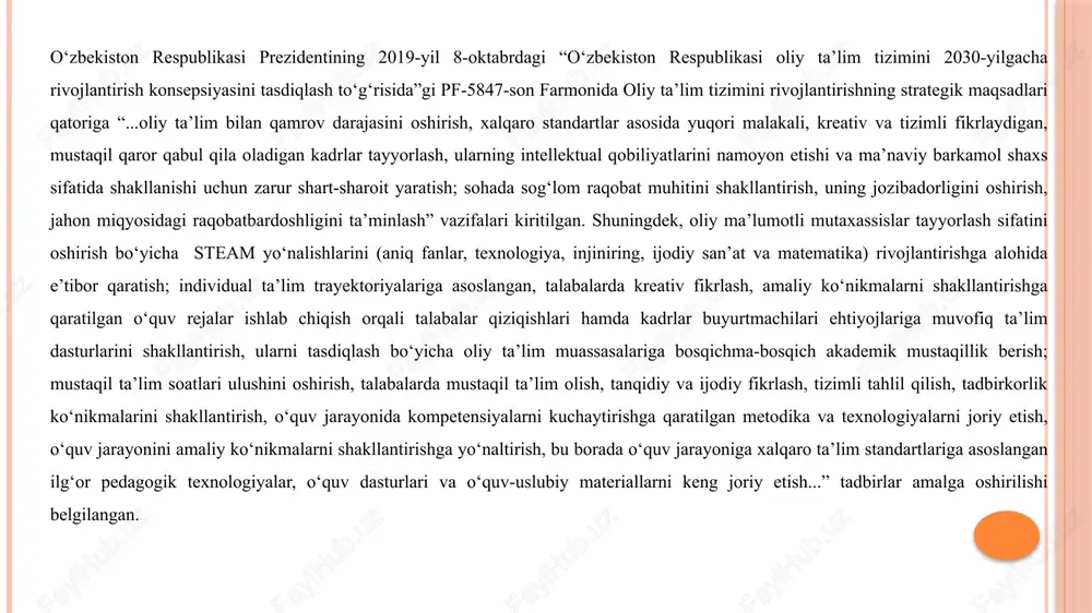 ik texnologiyalar, o‘quv dasturlari va o‘quv-uslubiy materiallarni keng joriy etish...” tadbirlar amalga oshirilishi belgilangan. background and signification research methods key technology and practical difficulty research results and application prospects summary and outlook contents 🔹ijod nima? ijod — bu yangilik yaratish, mavjud narsalarga yangi yondashuv topish, ilgari bo‘lmagan g‘oyalarni ilgari surish jarayonidir. ijod inson tafakkurining eng yuqori bosqichidir. u quyidagilarni o‘z ichiga oladi: yangi g‘oyalar ishlab chiqish muammolarga noodatiy yechimlar topish estetik va ruhiy go‘zallikni yaratish 3 ijod — bu ruhiy parvoz, ijodiy faoliyat esa uning yerga tushgan, aniq shakldagi aksidir. har qanday yutuq, ixtiro, asar yoki san’at mahsuloti aynan ijod va ijodiy faoliyat uyg‘unligining mevasi hisoblanadi. shuning uchun har bir inson o‘zida bu uyg‘unlikni shakllantirishi, uni rivojlantirishi zarur. xulosa ijodning tarixi antik dunyoga borib taqaladi. antik dunyoda birinchilar qatorida ijod jarayonining mohiyati ustida to’xtalganlardan biri aflotundir. uning fikricha, ijod bu insonning aqliy faoliyati borliqni oliy darajada his etish nuqtasidir. keyinroq …