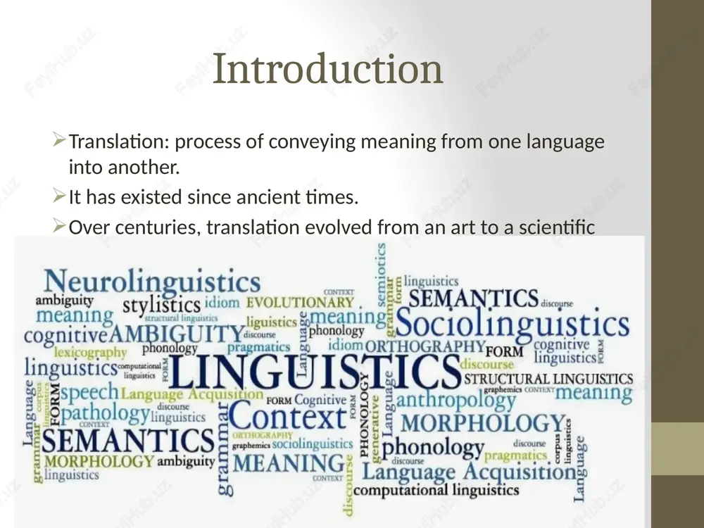 s a science systematic study of: linguistic equivalence cultural transfer communication theory involves psychology, linguistics, semiotics, and ai. conclusion translation evolved from practical activity → linguistic discipline → modern science. it bridges cultures, languages, and knowledge systems. future: ai-assisted translation and intercultural harmony. image2.png image3.jpeg /docprops/thumbnail.jpeg