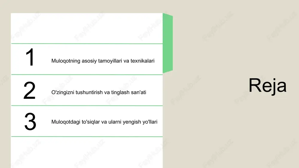 mpatiya bilan bog'liq. o'z his-tuyg'ularimizni anglash orqali muvaffaqiyatli muloqot qilamiz. muloqotda empatiya muvofiqlik shaxslararo muloqotda katta ahamiyatga ega, chunki u ishtirokchilar o'rtasidagi tushunishni va ishonchni oshiradi. muvofiqlikni ta'minlash uchun quyidagi usullarni qo'llash mumkin: 1) aniq va ochiq muloqot; 2) har bir ishtirokchining fikrini tinglash; 3) o'zaro hurmatni saqlash. muvofiqlik oshganda, muloqot samaradorligi yaxshilanadi, natijada hamkorlik va tushunish osonlashadi. muloqotda muvofiqlik muloqotda ishonch ishonch, shaxslararo muloqotning muhim elementidir. o'zaro ishonch mavjud bo'lsa, muloqot samarali bo'ladi. muloqotda ishonchni shakllantirish, fikr almashish va munosabatlarni rivojlantirishda asosiy rol o'ynaydi. ishonchni shakllantirish uchun ochiq va samimiy muloqot qilish, va'dalarga rioya etish va bir-birini tinglash zarur. ishonch, vaqt o'tishi bilan, tajriba va o'zaro anglashuv orqali rivojlanadi. ishonch va muloqotning samaradorligi o'zaro munosabatlarning sifatini belgilaydi. ishonchli muloqot, ish jarayonida ham, shaxsiy munosabatlarda ham yangiliklar va o'zgarishlarga ochiqlikni oshiradi. o'zingizni tushuntirishning ahamiyati o'zingizni tushuntirish shaxslararo munosabatlarda muhim ahamiyatga ega, chunki bu orqali hamkasblar yoki do'stlar bilan o'zaro tushunishni …