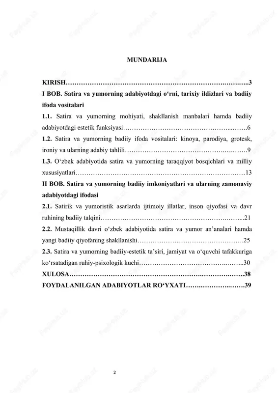 ralib turadi. satira kulgi orqali inson va jamiyatdagi illatlarni fosh etadi, yumor esa ularni yengilroq, ammo chuqur ma’noda ko‘rsatadi. bugungi kunda inson ongini shakllantirishda, ma’naviy poklanish jarayonida kulgi san’atining ahamiyati nihoyatda yuqori. globallashuv davrida jamiyatda yuzaga kelayotgan ijtimoiy, axloqiy va madaniy muammolarni badiiy tarzda ochish uchun satira va yumor eng samarali adabiy vosita sifatida maydonga chiqmoqda. ayniqsa, yosh avlodni tanqidiy fikrlashga, hayotiy haqiqatlarni kulgi orqali anglashga o‘rgatish uchun bu janrlar muhim o‘rin tutadi. “satira va yumorning badiiy imkoni” mavzusining dolzarbligi ham aynan shundan iboratki, u nafaqat adabiyotshunoslik, balki ijtimoiy-ma’naviy tafakkur rivoji uchun ham amaliy ahamiyatga ega. bugungi kunda o‘zbek adabiyotida kulgi madaniyatining yangi bosqichga ko‘tarilayotgani, bu yo‘nalishda ijod qilayotgan yozuvchilar ijodining tahliliga ehtiyoj kuchaygani mavzuning dolzarbligini yanada oshirmoqda. kurs ishi mavzusining o‘rganilganlik darajasi satira va yumor janrlari tarixan juda qadimiy ildizlarga ega bo‘lib, ular xalq og‘zaki ijodining dastlabki shakllaridan boshlab adabiy asarlarga singib kelgan. dunyo adabiyotida aristofan, gogol, swift, molière …