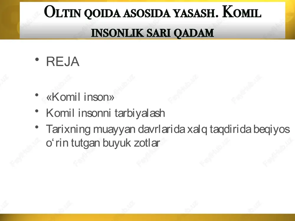 a orzu-umidlar bilan yashaydi, xalqiga, vataniga foydasi tegadigan shaxs bo‘lib yetishishni o‘ylaydi. alisher navoiy bobomiz shuni nazarda tutib, bunday deganlar: noqis uldirkim, o‘zin komil degay, komil ulkim, nuqsin isbot aylagay. ya’ni, kim o‘zini komil, mukammal desa, aslida u nomukammal, nodondir. buyuklik oddiylikda bo‘lgani kabi, komillik ham, avvalo, insonning kamtarlik, mehnatsevarlik, vatanparvarlik, mehr-oqibatlilik singari oddiy va kundalik fazilatlarida namoyon bo‘ladi. bugungi kunda vatanimizda sog‘lom va barkamol avlodni voyaga yetkazish maqsadida qilinayotgan ko‘pdan-ko‘p ishlar aynan shundan dalolat beradi. komil inson g‘oyasi islom falsafasidan oziqlanib, xalqimiz tafakkurida yanada kengroq ma’no-mazmun kasb etgan. bu g‘oya abu nasr forobiy, alisher navoiy kabi donishmand bobolarimiz asarlarida teran ifoda etilgan. abu nasr forobiy image2.jpeg image3.png image4.jpeg image5.jpeg image6.jpeg image7.jpeg image8.jpeg image9.jpeg image10.jpeg image11.emf image12.jpeg image13.jpeg image14.jpeg image1.jpeg /docprops/thumbnail.jpeg