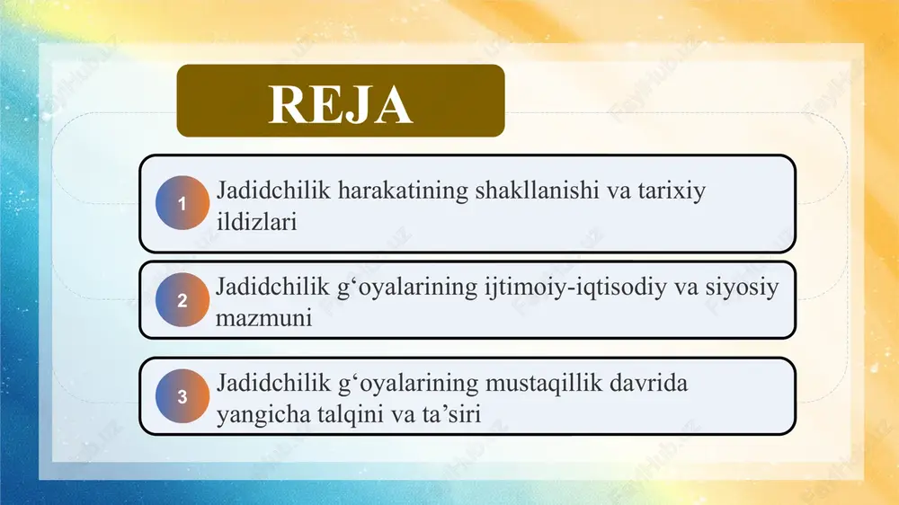 respublikasi - prezidenti shavkat mirziyoyev “jadidlar xalqni uyg‘otish, milliy g‘urur va tafakkurni shakllantirish uchun jonini fido qilgan fidoyilardir. ular bizga mustaqillik, milliy birlik va taraqqiyot yo‘lini ko‘rsatgan buyuk ma’naviy ustozlardir. bugungi kunda ularning orzulari ro‘yob topib, o‘zbekiston yangi taraqqiyot bosqichiga qadam qo‘ydi. biz jadidlar merosini chuqur o‘rganib, uni yoshlar ongiga singdirish orqali millatimiz kelajagini mustahkamlaymiz.” xix asr oxiri va xx asr boshlarida markaziy osiyo rossiya imperiyasi mustamlakasi tarkibiga kirgan bo‘lib, bu davrda siyosiy mustaqillik yo‘qolgan, iqtisodiy hayot esa asosan metropoliyaning manfaatlariga bo‘ysundirilgan edi. aholi orasida savodsizlik, qoloqlik va diniy jaholat keng tarqalgan edi. ana shunday og‘ir sharoitda zamonaviy bilim, texnika va madaniyat zarurligini chuqur anglagan ilg‘or ziyolilar — jadidlar sahnaga chiqdi. ular islomning asl ma’rifiy mohiyatiga tayanib, xalqni uyg‘otish, zamonaviy dunyoqarashni shakllantirishni maqsad qildilar. jadidchilik harakati turkistonda milliy o‘zlikni saqlash, ta’limni isloh qilish va millatni rivojlangan xalqlar qatoriga olib chiqish yo‘lida tarixiy jarayon sifatida yuzaga keldi. jadidchilik harakatining shakllanishi va …