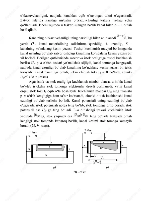 ok oralig‘iga tashqi kuchlanish berilsa uzi p–n o‘tish teskari yo‘nalishda siljiydi, kanal tomonga kengayadi, natijada kanal uzunligi bo‘ylab kanalning ko‘ndalang kesim yuzasi bir tekis torayadi. kanal qarshiligi ortadi, lekin chiqish toki is = 0 bo‘ladi, chunki usi=0 (28 a - rasm). agar istok va stok oralig‘iga kuchlanish manbai ulansa, u holda kanal bo‘ylab istokdan stok tomonga elektronlar dreyfi boshlanadi, ya’ni kanal orqali stok toki is oqib o‘ta boshlaydi. kuchlanish manbai usi ning ulanishi p–n o‘tish kengligiga ham ta’sir ko‘rsatadi, chunki o‘tish kuchlanishi kanal uzunligi bo‘ylab turlicha bo‘ladi. kanal potensiali uning uzunligi bo‘ylab o‘zgaradi: istok potensiali nolga teng bo‘lib, stok tomonga ortib boradi, stok potensiali esa usi ga teng bo‘ladi. p–n o‘tishdagi teskari kuchlanish istok yaqinida ga, stok yaqinida esa teng bo‘ladi. natijada o‘tish kengligi stok tomonda kattaroq bo‘lib, kanal kesimi stok tomoga kamayib boradi (28. b -rasm). a) b) 28 –rasm. shunday qilib, kanal orqali oqib o‘tayotgan tokni uzi kuchlanish …