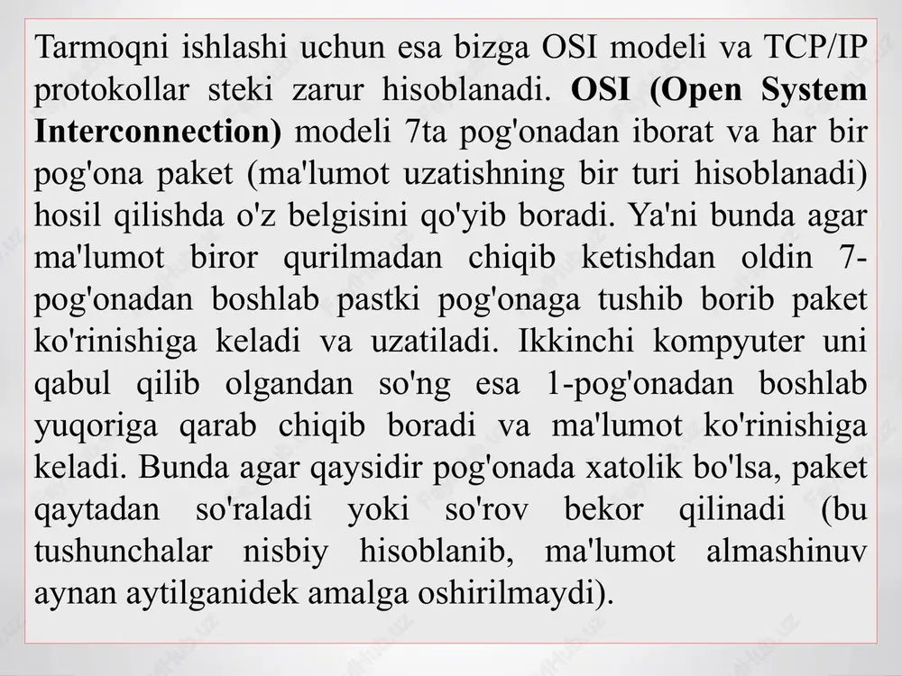 gnalning uzatish masofasini belgilaydi va signalni kuchaytirish yoki takrorlash uchun zarur bo‘lgan qurilmalarni o‘z ichiga oladi. fizikaviy manzillash - tizimlar o‘rtasida aloqani o‘rnatish va ma'lumot uzatish jarayonida fizik manzillarni (masalan, mac manzillarini) ta'minlaydi. fizik pog’ona bu modelning pastki qatlami bo'lib, u ikkilik shaklda ifodalangan ma'lumotlarni bir qurilmadan (kompyuterdan) boshqasiga o'tkazish usulini belgilaydi. bunday usullarni tuzishda turli tashkilotlar ishtirok etadi, jumladan: elektr va elektron muhandislar instituti, elektron sanoat alyansi, yevropa telekommunikatsiya standartlari instituti va boshqalar. ular elektr yoki optik signallarni simi yoki radio efirga uzatadilar va shunga mos ravishda raqamli signallarni kodlash usullariga muvofiq qabul qiladilar va ma'lumotlar bitlariga aylantiradilar. hublar, signallarni takrorlovchi va media konvertorlari ham shu pog’onada ishlaydi. fizik pog’ona funksiyalari tarmoqqa ulangan barcha qurilmalarda amalga oshiriladi. kompyuter tomonida fizik pog’ona funksiyalari tarmoq adapteri yoki ketma-ket port orqali amalga oshiriladi. jismoniy qatlam ikki tizim orasidagi fizik, elektr va mexanik interfeyslarni o'z ichiga oladi. fizik pog’ona ma'lumotlar uzatish vositalarini tola, …