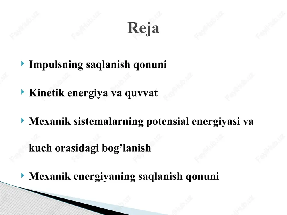 o’paytmasiga teng. kinetik energiya va quvvat kinetik energiya va quvvat mexanik sistemalarning potensial energiyasi va kuch orasiagi bog’lanish modomiki ekan, u holda bu yerdan gamilton operatori yoki nabla operatori deb ataluvchi simvolik vektorni bildiradi potensial energiyaga misollar h balandlikdagi m massali jismning potensial energiyasi. elastik deformatsiyalanuvchi jism potensial energiyasi mexanik sistemalarning potensial energiyasi va kuch orasiagi bog’lanish sistemaning to’la mexanik energiyasi – mexanik harakat va o’zaro ta’sir energiyasi – kinetik va potensial energiyaning yig’indisiga teng. energiyaning saqlanish qonuni: o’zaro faqat konservativ kuchlar bilan ta’sirlashadigan jismlar sistemasining to’la mexanik energiyasi saqlanadi, ya’ni vaqt o’tishi bilan o’zgarmaydi. energiyaning saqlanish qonuni tabiatning fundamental qonunidir. u vaqtning bir jinsliligi natijasi hisoblanadi – ya’ni vaqt sanoq boshini tanlashga nisbatan fizik qonunlarning invariantligi. konservativ sistemalarda to’la mexanik energiya o’zgarmay qoladi. faqat kinetik energiyani potensial energiyaga va aksincha ekvivalent miqdorda aylanishlari sodir bo’lishi mumkin. mexanik energiyaning saqlanish qonuni e’tiboringiz uchun rahmat image1.jpeg image2.wmf image3.wmf image4.wmf image5.wmf image6.wmf …
