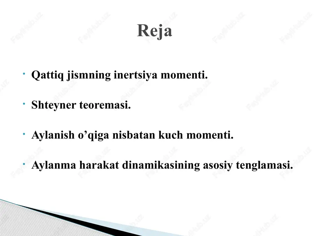 adi. kuch momentining moduli: kuch yelkasi aylanish o’qiga nisbatan kuch momenti m r f a b o α kuch ta’siri ostida, jism cheksiz kichik burchakka burilishida kuch qo’yilgan a nuqta yo’lni bosib o’tadi va ish quyidagiga teng: jismning aylanish ishi uning kinetik energiyasini ortishiga o’tadi. aylanma harakat dinamikasining asosiy tenglamasi qo’zgolmas o nuqtaga nisbatan a moddiy nuqtaning impuls (harakat miqdori) momenti deb quyidagi vektor ko’paytma orqali aniqlanadigan fizik kattalikka aytiladi: o’qqa nisbatan qattiq jismning impuls momenti deb undagi alohida zarrachalarning impuls momentlarining yig’indisiga teng: vaqt bo’yicha differensiallab vektor ko’rinishida: yopiq sistemaning impuls momenti saqlanadi, yani vaqt o’tishi bilan o’zgarmaydi. aylanma harakat dinamikasining asosiy tenglamasi l p o r e’tiboringiz uchun raxmat image1.jpeg image2.wmf image3.wmf image4.wmf oleobject1.bin oleobject2.bin oleobject3.bin image5.wmf image6.wmf image7.wmf image8.wmf oleobject4.bin oleobject5.bin oleobject6.bin oleobject7.bin image9.wmf image10.wmf image11.wmf image12.wmf image13.wmf image14.wmf oleobject12.bin oleobject13.bin oleobject8.bin oleobject9.bin oleobject10.bin oleobject11.bin image15.wmf image16.wmf image17.wmf image18.wmf oleobject14.bin oleobject15.bin oleobject16.bin oleobject17.bin image19.wmf image20.wmf image21.wmf oleobject18.bin …