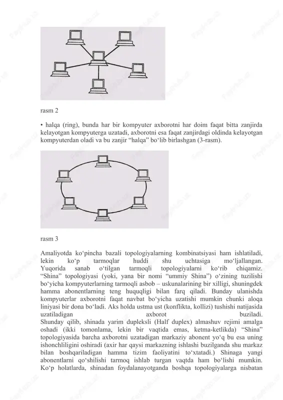 asbob – uskunalarining bir xilligi, shuningdek hamma abonentlarning teng huquqligi bilan farq qiladi. bunday ulanishda kompyuterlar axborotni faqat navbat bo‘yicha uzatishi mumkin chunki aloqa liniyasi bir dona bo‘ladi. aks holda ustma ust (konflikta, kollizi) tushishi natijasida uzatiladigan axborot buziladi. shunday qilib, shinada yarim dupleksli (half duplex) almashuv rejimi amalga oshadi (ikki tomonlama, lekin bir vaqtida emas, ketma-ketlikda) “shina” topologiyasida barcha axborotni uzatadigan markaziy abonent yo‘q bu esa uning ishonchliligini oshiradi (axir har qaysi markazning ishlashi buzilganda shu markaz bilan boshqariladigan hamma tizim faoliyatini to‘xtatadi.) shinaga yangi abonentlarni qo‘shilishi tarmoq ishlab turgan vaqtda ham bo‘lishi mumkin. ko‘p holatlarda, shinadan foydalanayotganda boshqa topologiyalarga nisbatan ulanadigan kabelni eng kam miqdori talab qilinadi. to‘g‘ri shuni hisobga olish kerakki, har bir kompyuterga (ikkita chettagilardan tashqari) ikkita kabel keladi, bu esa har doim qulay bo‘lavermaydi. bu holatda bo‘lajak janjallarni hal etish har bir abonentning tar-moqli asbob – uskunalarga yuklanishi sababli “shina” topologiyasida tarmoqli adapter apparaturasi murakkabroq …