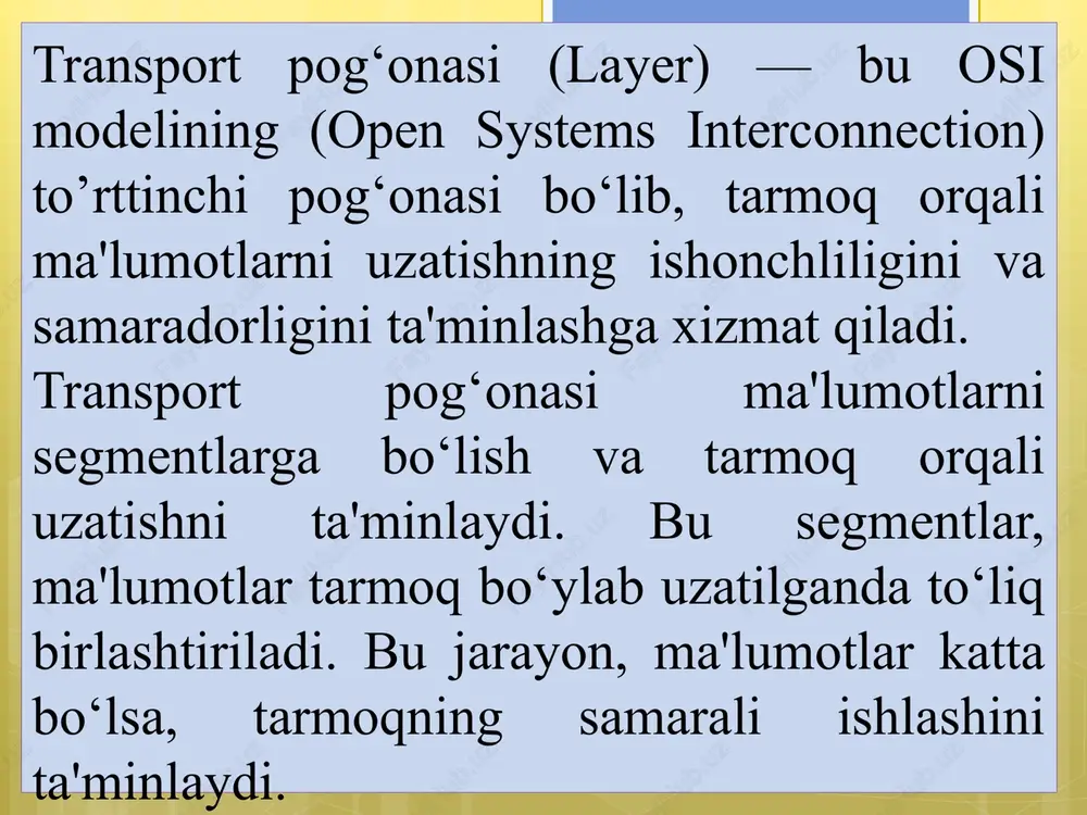 yin tarmoqning holati va qabul qilish tomonidan qanday javob kelishini bilishning iloji yo‘q. udp protokoli paketlarni yuboradi va ular qanday tartibda qabul qilinishi yoki umuman qabul qilinishi haqida hech qanday kafolat bermaydi. udp paketining boshqaruv ma'lumotlari (header) tcp ga nisbatan juda kichik va sodda. udp paketlarida jami 8 bayt (boshqaruv ma'lumotlari) mavjud, bu esa tarmoqda kamroq ma'lumot yuborishni ta'minlaydi. udp ning afzalliklari: udp protokoli minimal boshqaruv mexanizmlari bilan ishlaydi, shuning uchun ma'lumotlarni uzatishda yuqori tezlikni ta'minlaydi. udp protokoli o‘zining soddaligi tufayli kam tizim resurslarini talab qiladi, bu esa tarmoqda keng tarqalgan ilovalar uchun foydalidir. udp ko‘pincha audio va video oqimlari (streaming) yoki o‘yinlar (gaming) kabi real vaqt talab qiladigan ilovalarda ishlatiladi. chunki bu turdagi ilovalar uchun tezlik va vaqt muhim, paketlarning yo‘qolishi esa muhim emas. udp ning kamchiliklari: udp protokoli paketlar yo‘qolishi, o‘zgartirilishi yoki ketma-ketlikni buzishiga yo‘l qo‘yadi, bu esa ko‘plab ilovalar uchun noqulay bo‘lishi mumkin. ma'lumotlar yuborilganidan keyin tasdiqlash …