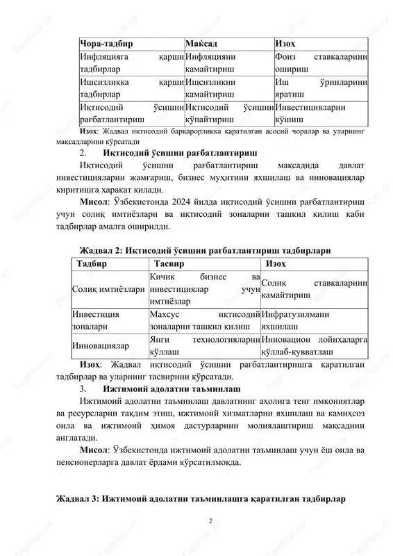 lantirish iqtisodiy o'sishni ko'paytirish investitsiyalarni ko'shish izoh: jadval iqtisodiy barqarorlikka qaratilgan asosiy choralar va ularning maqsadlarini ko'rsatadi 2. iqtisodiy o'sishni rag'batlantirish iqtisodiy o'sishni rag'batlantirish maqsadida davlat investitsiyalarni jamg'arish, biznes muhitini yaxshilash va innovatsiyalar kiritishga harakat qiladi. misol: o'zbekistonda 2024 yilda iqtisodiy o'sishni rag'batlantirish uchun soliq imtiyozlari va iqtisodiy zonalarni tashkil qilish kabi tadbirlar amalga oshirildi. jadval 2: iqtisodiy o'sishni rag'batlantirish tadbirlari tadbir tasvir izoh soliq imtiyozlari kichik biznes va investitsiyalar uchun imtiyozlar soliq stavkalarini kamaytirish investitsiya zonalari maxsus iqtisodiy zonalarni tashkil qilish infratuzilmani yaxshilash innovatsiyalar yangi texnologiyalarni qo'llash innovatsion loyihalarga qo'llab-quvvatlash izoh: jadval iqtisodiy o'sishni rag'batlantirishga qaratilgan tadbirlar va ularning tasvirini ko'rsatadi. 3. ijtimoiy adolatni ta'minlash ijtimoiy adolatni ta'minlash davlatning aholiga teng imkoniyatlar va resurslarni taqdim etish, ijtimoiy xizmatlarni yaxshilash va kamihsoz oila va ijtimoiy himoya dasturlarini moliyalashtirish maqsadini anglatadi. misol: o'zbekistonda ijtimoiy adolatni ta'minlash uchun yosh oila va pensionerlarga davlat yordami ko'rsatilmoqda. jadval 3: ijtimoiy adolatni ta'minlashga qaratilgan tadbirlar …
