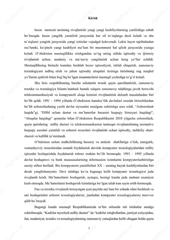 il to`siqlarga duch keladi va shu to`siqlarni yengish jarayonida yangi ixtirolar vujudgal kelaveradi. lekin hayot tajribalardan ma’lumki, ko`pinch yangi kashfiyot ma’lum bir muommoni hal qilish jarayonida yuzaga keladi. o’zbekiston mustaqillikka erishgandan so’ng uning oldida iqtisodiy va ijtimoiy rivojlanish uchun, madaniy va ma’naviy yangilanish uchun keng yo’llar ochildi. mustaqillikning birinchi kunidan boshlab bozor iqtisodiyoti, ishlab chiqarish, zamonaviy texnalogiyani tadbiq etish va jahon iqtisodiy aloqalari tizimiga kirishning eng maqbul yo’llarini qidirish bilan bog’liq bo’lgan muammolarni mustaqil yechishga to’g’ri keladi. shu bois respublikaning barcha sohalarini texnik qayta qurollantirish, zamonaviy texnika va texnalogiya bilanta’minlash hamda xalqaro zamonaviy talablarga javob beruvchi telekommunikasiyali va kompyuterli aloqa tizimini rivojlantirish dolzarb masalalardan biri bo’lib qoldi. 1991 – 1994 yillarda o’zbekiston hamdos’tlik davlatlari orasida birinchilardan bo’lib axborotlashning yaxlit davlat siyosatini amalgam oshirishga asos soldi. “axborotlash haqida”gi, “ehm uchun dastur va ma’lumotlar bazasini huquqiy himoyasi haqidagi”, “aloqalar haqidagi” qonunlar bilan o’zbekiston respublikasini 2010 yilgacha axborotlash, qayta qurishning milliy dasturi va …