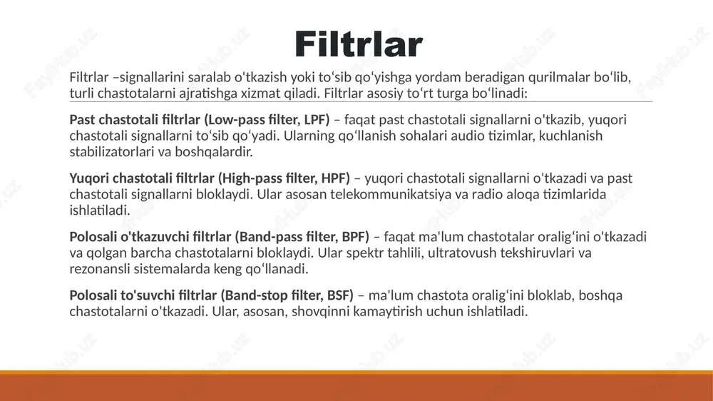 stikasi quyidagicha yuqori chastotali rc filtri yuqori chastotali filtrlar audiosignallarni filtrlashda shovqinni kamaytirish yoki yuqori chastotali komponentlarni ajratish uchun, ma’lumotlarni uzatish tizimlarida signal o‘tkazish qobiliyatini oshirish uchun, elektormagnit moslashuvda elektromagnit interferensiyani kamaytirish uchun qo‘llaniladi. yuqori chastotali rc filtri past chastotalarda kuchaytirish juda past bo'lib, filtr signallarni bloklaydi. chastota kesish chastotasiga yaqinlashgani sari kuchaytirish ortib boradi va yuqori chastotalarda to'liq o'tkazish holatiga yaqinlashadi. lc filtrlar lc filtrlari induktivlik va kondensatordan iborat bo‘lib, yuqori chastotali shovqinlarni pasaytirish yoki ma'lum chastota diapazonidagi signallarni o'tkazish uchun ishlatiladi. lc filtrlar quyidagi asosiy turlarga bo‘linadi: past chastotali lc filtr. past chastotali signallarni o‘tkazib, yuqori chastotali signallarni bloklaydi. bu filtr yuqori chastotadagi shovqinni pasaytirishda samarali hisoblanadi. yuqori chastotali lc filtri. yuqori chastotali signallarni o‘tkazib, past chastotali signallarni bloklaydi. bu filtr past chastotali shovqinni bloklash va yuqori chastotali foydali signalni ajratish uchun ishlatiladi. polosa o‘tkazuvchi lc filtri. faqat ma'lum bir chastota diapazonini o‘tkazadi va boshqa chastotalarni bloklaydi. bu …