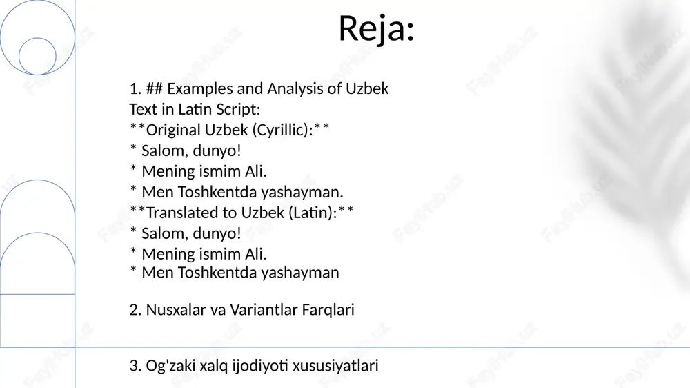 ijrochi an'ana yaratuvchisi va tarqatuvchisi sifatida ishlaydi, asarni improvizatsiya va shaxsiy uslub orqali shakllantiradi. 4. ijrochi rolı hikoyalar, qo'shiqlar yoki an'analarni turli xil talqinlar va mintaqaviy ta'sirlarni aks ettiruvchi bir nechta versiyalari mavjud. xususiyatlari: og'zaki xalq ijodiyotida esda qolarlilik, moslashuvchanlik va jamoaviy mulkchilik muhim ahamiyatga ega. yangirilishi va moslashuvi: og'zaki xalq ijodkorligi avloddan avlodga o'tib, har bir hikoya o'sha zamon va tinglovchilarga moslashadi. 5. uzbek: tarqatish va moslashtirish og'zaki an'ana xususiyatlari: ijro etishga e'tibor qaratish, xotira asosidagi uzatish, moslashuvchanlik va o'zgaruvchanlik. nusxalar va variantlar farqlari: shaxsiy xotiradan, turli auditoriyalar uchun moslashishdan, vaqt o'tishi bilan madaniy o'zgarishlardan kelib chiqadi. og'zaki xalq ijodining xususiyatlari: jamoaviy mualliflik, formulalar va motivlarga tayanish, madaniy qadriyatlarni saqlash. 6. og'zaki an'ananing xususiyatlari og'zaki xalq ijodkorligi improvizatsiya, moslashuvchanlik va avloddan avlodga o'tish orqali rivojlanadi. ijrochi va tomoshabinlarning turli xil tajribalari va nuqtai nazarlari tarkib va uslubdagi o'zgarishlarni aks ettiradi. nusxalar va variantlardagi farqlar og'zaki an'ananing dinamik xususiyatini, shaxsiy …