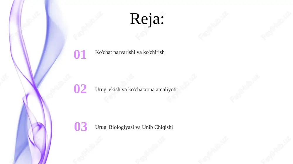 tlarni ishlab chiqarish: urg'onchiqdan ko'chirishgacha bo'lgan ko'chatlarni parvarish qilish usullari, shu jumladan sug'orish, o'g'itlash va kasalliklarni nazorat qilish. urg'o ekish: to'g'ridan-to'g'ri ekish, uy ichida ekish va payvand qilish kabi texnikalar yordamida urug'lardan o'simliklarni etishtirish. ko'chat muhiti: unib chiqish va o'sish uchun eng qulay sharoitlar, shu jumladan yorug'lik, harorat, namlik va oziq moddalar. urg'o ekish usullari: chuqurlik, masofa, vaqt va muvaffaqiyatli unib chiqishi uchun urug'larni ekish usuli. urg'o'tqizish: urg'ondan yangi o'simliklar etishtirish, o'simlik ko'paytirishning keng tarqalgan va arzon usuli. ko'chatlarni yetishtirish: o'simliklarni o'stirish uchun urug'lardan foydalanib, o'simliklarni yakuniy joyga ko'chirishdan oldin boshqariladigan muhitda o'stirish. e'tiboringiz uchun rahmat @taqdimot_robot image1.jpeg image2.jpeg image3.jpeg
