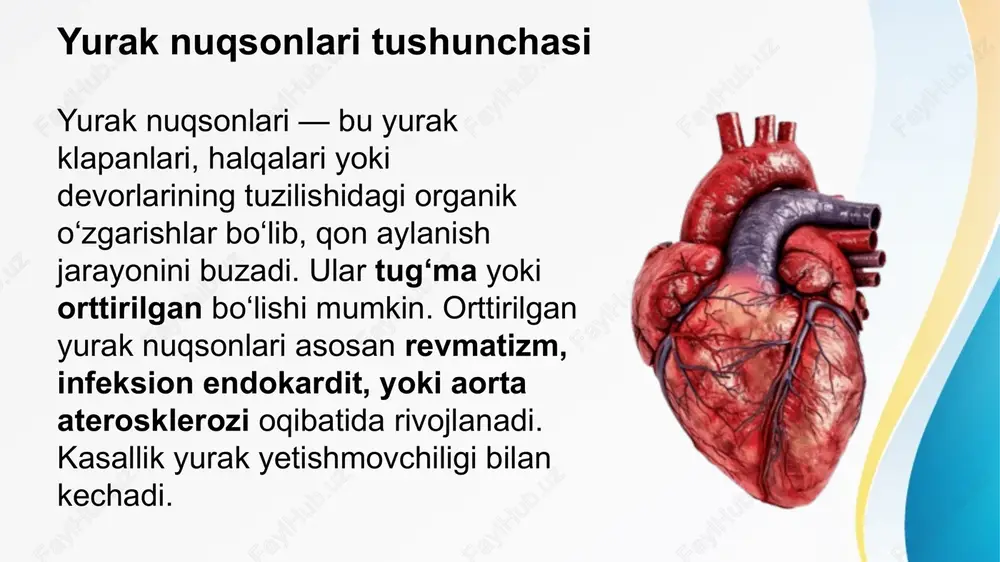 o‘rtasida gemodinamik muvozanat buziladi. regurgitatsiya — klapan yopilmasligi sababli qonning orqaga oqishidir; stenoz esa teshik torayishi bilan kechadi. bu o‘zgarishlar yurak devorining gipertrofiyasi, keyin esa dilatatsiyasiga olib keladi. uzoq muddatda yurak yetishmovchiligi shakllanadi. ekgdagi o‘zgarishlar yurak nuqsonlarida ekg (elektrokardiografiya) yordamida o‘pka yoki aorta klapanlarida bosim yuklamasi aniqlanadi. mitral stenozda p-mitrale, aortal stenozda chap qorincha gipertrofiyasi, regurgitatsiyada esa ventrikulyar dilatatsiya belgilarini ko‘rish mumkin. ekg yurak ritmini, o‘tkazuvchanlik buzilishlarini va gipertrofiyani erta aniqlash imkonini beradi. rentgenologik belgilar rentgen tekshiruvida yurak konturi va o‘lchamlari baholanadi. mitral stenozda chap bo‘lmachaning kengayishi, yurakning “mitral konfiguratsiyasi” aniqlanadi. aortal stenozda yurak konusi cho‘ziladi, chap qorincha devori qalinlashgan bo‘ladi. kengaygan yurak soyasi va o‘pka tomirlarining tiqilishi yurak yetishmovchiligini ko‘rsatadi. mitral stenozning klinikasi mitral stenozda bemor tez charchash, yurak urishining tezlashishi, nafas qisishi va yo‘talga shikoyat qiladi. auskultatsiyada “mitral qo‘ng‘iroq tovushi” va diastolik shovqin eshitiladi. chap bo‘lmachaning kengayishi o‘pka gipertenziyasini keltirib chiqaradi. yurak urishidagi tartibsizlik — fibrillyatsiya — kasallikning …