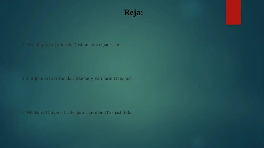 ak. madaniy universalliklar barcha madaniyatlarda uchraydigan umumiy xususiyatlar, masalan, til, oila tuzilmalari va marosimlardir. san'at va musiqa musiqa his-tuyg'ularni, urf-odatlarni va hikoyalarni ifodalaydi. san'at va musiqadagi farqlar noyob madaniy identifikatsiyalarni va nuqtai nazarlarni ochib beradi. dini e'tiqodlar dini e'tiqodlar va amaliyotlar: turli dinlarning kundalik hayot va madaniy ifodalarga qanday ta'sir qilishini o'rganing. san'at ifodasi va hikoya qilish: turli madaniyatlardagi san'at, musiqa, adabiyot va folklorning xilma-xil shakllarini namoyish eting. e'tiboringiz uchun rahmat @taqdimot_robot image6.jpg image7.jpg image8.jpg image9.jpg image10.jpg image11.jpg image12.jpg image13.jpg image14.jpg image2.png image3.png image4.png image5.png