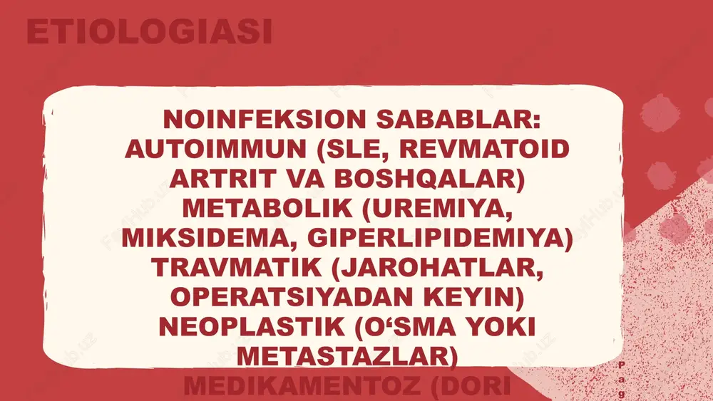 tilaveradi. page 9 of 11 1.1. yotoq rejimi. 1.2. osh tuzi chegaralangan, vitaminlarga boy ovqatlanish. 2.1. nosterioid yallig'lanishga qarshi preparatlar. 2.2. glyukokortikoidlar. a) allergik va autoimmun turlarida-prednezolon 1-2 mg/kg/sutka og'iz orqali b) og'ir perikarditda-prednizolon 50-60 mg vena ichiga tomchi usulida; v) perikardiotsentez, perikard bo'shlig'iga prednizolon yuborishi bilan (200 mg/sutka). page 10 of 11 3.1. antibiotiklar: yarimsintetik penitsillinlar, tsefolosporinlar, aminoglikozidlar. 3.2. ta'siri uzaytirilgan sulfanilamid preparatlar: sulfadimetoksin, sulfalen. 3.3. nitrofuranlar qatoridagi preparatlar: furagin, furodonin va x.k. 3.4. sil tayoqchalari keltirgan perikarditda: streptomitsin, 0,015-0,02 g/kg/sutkasiga perikard orasiga. tuberkulostatik preparatlar. 4.1. perikardiotsentez. ko'rsatmalar-tomponada rivojlanishi. ba'zan kateter qo'yish usuli bilan qo'llanadi. 4.2. peshob xaydovchi preparatlar. .4.3. perikardektomiya-konservativ davo samarasiz bo'lgangida. page 11 of 11 manda hozircha shu salomat boling) image1.png image10.svg image11.png image12.svg image2.svg image3.png image4.svg image5.png image6.svg image7.png image8.svg image9.png image13.png image14.svg image15.png image16.svg image22.svg image23.png image24.svg image17.png image18.svg image19.png image20.svg image21.png image25.png image26.svg image27.png image28.svg image29.png image30.png image31.png image32.png image33.svg image34.png image35.svg image37.svg …