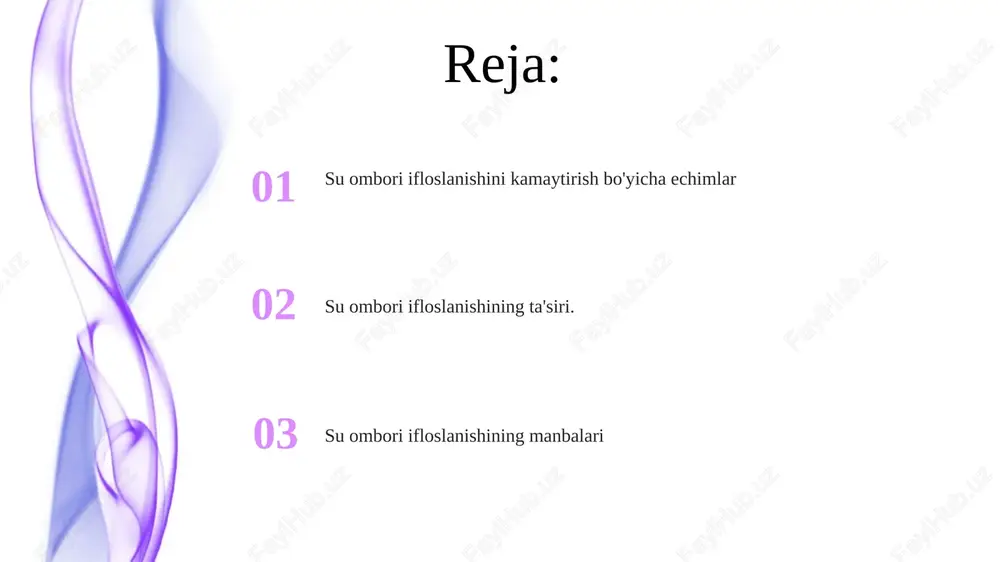 uhim. sanoat chiqindilari suv omborlariga kimyoviy moddalar, metallar va issiqlik kabi ifloslantiruvchi moddalarni olib kiradi. iqlimiy o'zgarishlar ta'siri o'zgargan yog'in miqdori suv omborlari darajasiga ta'sir qilmoqda. oqimlar suv havzalariga ifloslantiruvchi moddalarni olib boradi va suvni ifloslantiradi. e'tiboringiz uchun rahmat @taqdimot_robot image4.jpg image5.jpg image6.jpg image7.jpg image8.jpg image9.jpg image10.jpg image11.jpg image12.jpg image1.jpeg image2.jpeg image3.jpeg