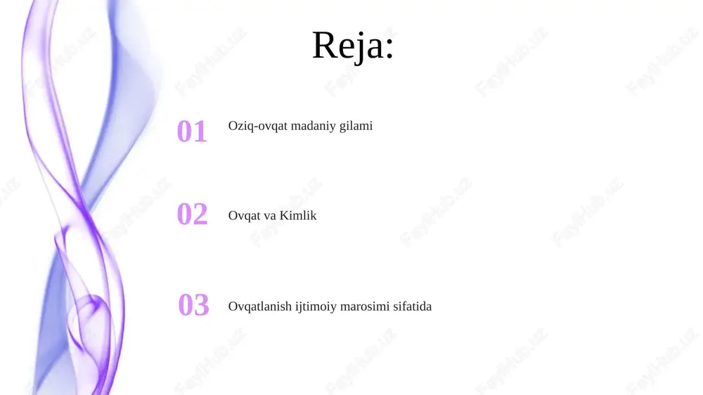 rlik va axloqiy oziq-ovqat iste'moli: oziq-ovqat ishlab chiqarish va iste'mol qilishda atrof-muhitga ta'siri, hayvonlarni himoya qilish va adolatli mehnat sharoitlarini hisobga oladi. ovqatlashuvning ijtimoiy va madaniy ahamiyati: ovqat ijtimoiy yig'ilishlarda, madaniy an'analarda va shaxs shakllanishida muhim rol o'ynaydi. ovqatlanish san'ati an'ana, e'tiqod va qadriyatlarning madaniy ifodasi. ijtimoiy muloqot, birlashish va jamoa qurish platformasi. oziq-ovqat va ijtimoiy adolat oziq-ovqatga kirish va narxlar odamning qadr-qimmati va farovonligi uchun muhim ahamiyatga ega. ovqatlanish odatlari ijtimoiy aloqalarni shakllantiradi, jamoatchilikni rivojlantiradi va ijtimoiy ierarxiyalarni ta'sir qiladi. birgalikda ovqatlanishning ahamiyati 01 02 birgalikda ovqatlanish aloqalarni mustahkamlaydi va munosabatlarni kuchaytiradi. taomlar muloqot va hikoya aytib berish uchun imkoniyatlar yaratadi. sales 1st qtr 2nd qtr 100 0 sales 1st qtr 2nd qtr 100 0 ovqatlanish odatlarining evolyutsiyasi marosimlar, odob-axloq va oshpazlik an'analari ovqatlanish tajribamizni shakllantiradi va jamiyatdagi chuqurroq qadriyatlarni oshkor etadi. ovqat va ovqatlanish ijtimoiy bog'lanishda, madaniy o'zlikni anglashda va hokimiyat munosabatlarida muhim rol o'ynaydi. oziq-ovqat va ruhiy …