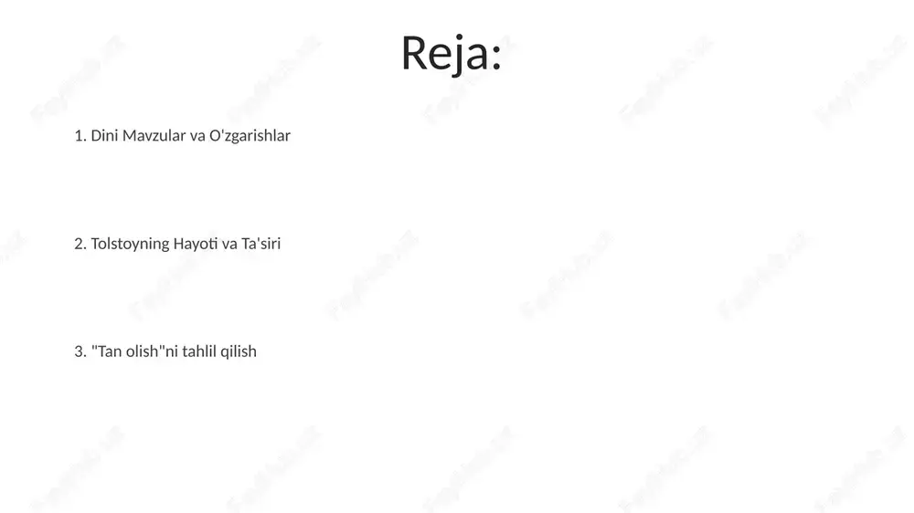 haxsiy imonni qabul qildi. tolstoyning savollar orqali, u oxir-oqibat sevgi, kamtarlik va ilohiy bilan aloqa asosida shaxsiy imon tushunchasiga erishadi. tolstoyning "iztirohlar" asari, u o'zining avvalgi hayotining ma'nosi yo'qligini tushunib, imon va shubha o'rtasidagi kurashni ochib beradi. imon va shubha rolı e'tiboringiz uchun rahmat @taqdimot_robot image4.jpg image5.jpg image6.jpg image7.jpg image8.jpg image9.jpg image10.jpg image11.jpg image12.jpg image1.jpeg image2.jpeg