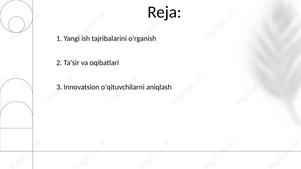 tuvor qilib ko'rsating: talabalarni o'z o'rganishlariga egalik qilishga, o'z g'oyalari va nuqtai nazarlarini ifoda etishga kuch bering. hamkorlik va jamoatchilikni rivojlantirish: hamkorlik va umumiy tajriba orqali kuchli o'quvchilar va o'qituvchilar jamoasini yaratish. 6. olingan darslar & eng yaxshi amaliyotlar innovatsion tashabbuslarni kengaytirish va barqarorlashtirish strategiyasini ishlab chiqish. innovatsiyani qo'llab-quvvatlaydigan va to'sqinlik qiladigan omillarni tushunish. yangi uslublarni aniqlash va hujjatlashtirish. 7. qiyinchiliklar va qo'llab-quvvatlash ehtiyojlari e'tiboringiz uchun rahmat @taqdimot_robot image1.png image2.png image3.png image4.png image5.png image6.png image7.png image8.png