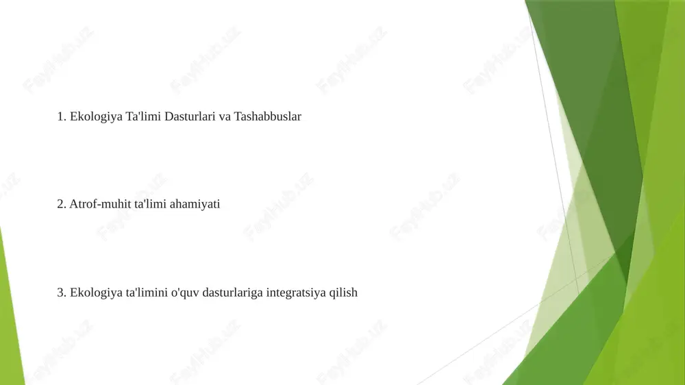 i. ekologik ong va mas'uliyatni oshiradi. ekologik ta'limning kelajagi amaliy ta'lim: atrofdagi muammolarni hal qilish uchun amaliy tajribalar va jamoatchilik ishtirokiga imkoniyatlar yaratish. fanlararo yondashuvlar: ekologiya masalalarini fan, san'at va ijtimoiy fanlar kabi turli sohalarga integratsiya qilish. iqlimiy o'zgarishlar ta'limi ekologiya ta'limi tabiiy boyliklarni saqlash, bioxilma-xillik va ifloslanish kabi kengroq mavzularda ta'lim beradi. iqlimiy o'zgarishlar ta'limi iqlim o'zgarishining sabablarini, ta'sirlarini va potentsial yechimlarini tushunishga qaratilgan. atrof-muhit ta'limi ta'sirini o'lchash ekologik ta'limning ekologik jihatdan foydali xulq-atvor va harakatlarga ta'sirini o'lchash. bilim va munosabatlar: atrofdagi muhit haqidagi bilim, munosabat va qadriyatlardagi o'zgarishlarni baholang. barqarorlik ta'limi barqarorlik hamda ekologik ta'lim insoniyatni yanada barqaror dunyoga olib borish maqsadida tanqidiy fikrlash, muammo hal qilish va hamkorlikdagi harakatlarga urg'u beradi. barqarorlik ta'limi kelajakda barqarorlikni ta'minlash uchun ekologik, ijtimoiy va iqtisodiy muammolarni tushunish va ularni hal qilishga qaratilgan. e'tiboringiz uchun rahmat @taqdimot_robot image1.jpg image2.jpg image3.jpg image4.jpg image5.jpg image6.jpg image7.jpg image8.jpg image9.jpg image10.jpg image11.jpg image12.jpg