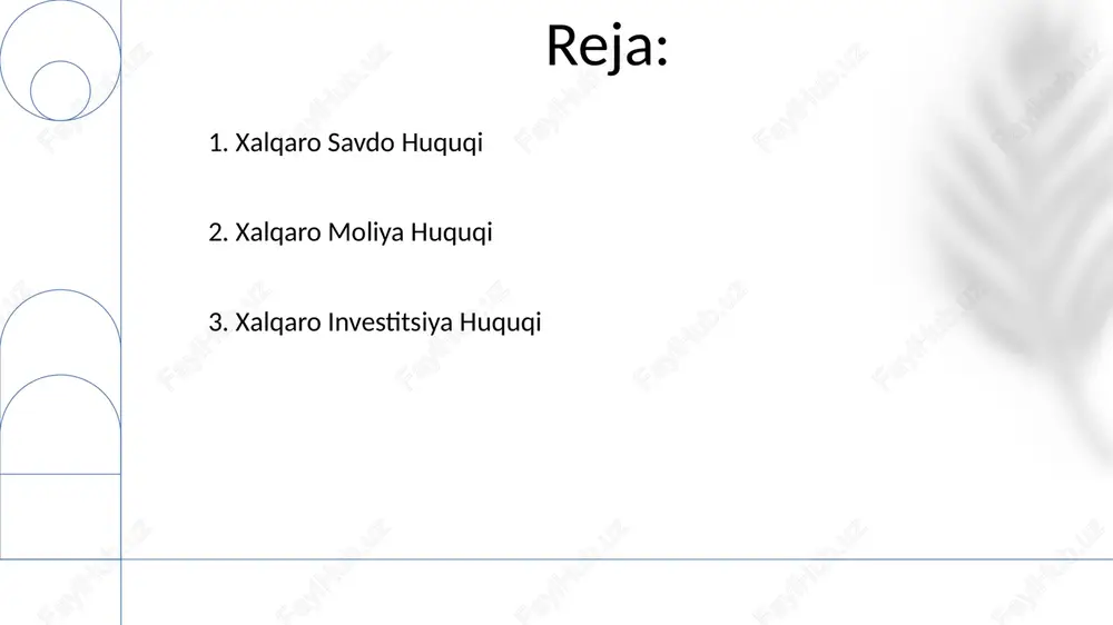 alqaro investitsiya huquqi xalqaro iqtisodiy huquq davlatlar o'rtasidagi iqtisodiy munosabatlarni, jumladan savdo, moliya va rivojlanishni tartibga soladi. ikki soha ham xalqaro iqtisodiy faoliyat uchun barqaror va bashorat qilinadigan huquqiy asos yaratishga qaratilgan. 9. xalqaro savdo huquqi ikki soha ham global iqtisodiy integratsiya va hamkorlikni osonlashtirishga, barqarorlik va farovonlikni rivojlantirishga qaratilgan. xalqaro iqtisodiy huquq savdo, investitsiya, moliya va rivojlanishni o'z ichiga olgan xalqaro iqtisodiy munosabatlarni boshqaradigan huquqiy tamoyillarni o'z ichiga oladi. e'tiboringiz uchun rahmat @taqdimot_robot image1.png image2.jpg image3.jpg image4.jpg image5.jpg image6.jpg image7.jpg image8.jpg image9.jpg image10.jpg