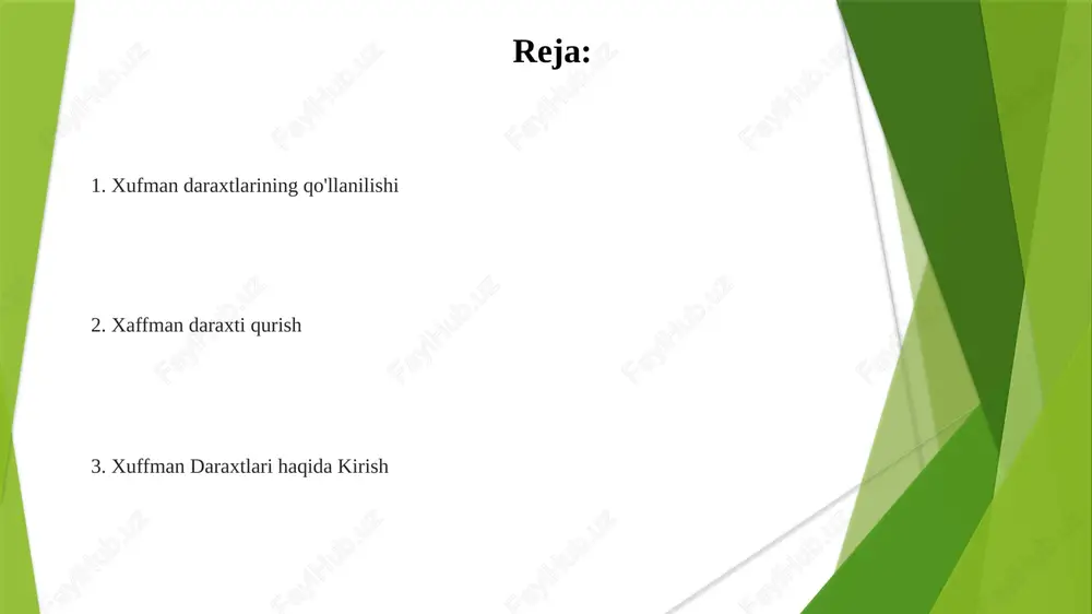 axshiroq siqish nisbatlariga erishishi mumkin. xaffman kodirovka - bu ko'p uchraydigan belgilarga qisqaroq kodlarni tayinlash orqali yuqori siqishni ta'minlaydigan o'zgaruvchan uzunlikdagi kodirovka sxemasi. xuffman kodlash misoli xaffman daraxtı: barg tugunlari belgilarni va ichki tugunlar chastotani ifodalovchi ikkilik daraxt. ko'proq uchraydigan belgilarga qisqaroq kod so'zlarni berish, siqishga olib keladi. please provide the text you want to translate to uzbek in latin letters. i need the text to be able to encode it according to your example. daraxt qurish faqat bitta daraxt qolguncha birlashtirishni davom ettiring, bu xaffman daraxti. eng kam chastotali bo'lgan ikkita daraxtni doimo birlashtirib, ularning chastotasi yig'indisi yangi daraxtning chastotasini tashkil qiladigan yangi daraxtni hosil qiling. bir qatorli daraxtlar o'rmonidan boshlaymiz, har biri bir xarakterni va uning chastotasi bilan ifodalaydi. xuffman kodlashga kirish xaffman daraxtlari xaffman kodini ifodalash uchun ishlatiladigan ikkilik daraxtlar bo'lib, bu yerda har bir tugun belgi, har bir shox esa bitni ifodalaydi. huffman algoritmi ko'p uchraydigan …