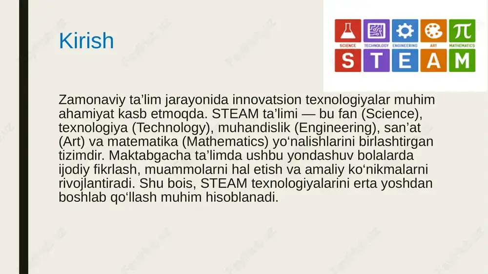 “tabiat mo‘jizalari”, “ranglar sirli olami” kabi steam loyihalari o‘tkazilishi mumkin. masalan, suv va havo tajribalari orqali bolalar fizika asoslarini tushunishadi. lego yoki konstruktorlardan foydalanib muhandislik tafakkuri rivojlanadi. ranglarni aralashtirish orqali esa bolalar san’atni amalda his etadilar. bunday loyihalar bolalarning bilish jarayonini faol va ijodiy qiladi. tarbiyachining roli steam ta’limida tarbiyachining roli beqiyosdir. u bolalarga sharoit yaratadi, ularni mustaqil o‘rganishga yo‘naltiradi. tarbiyachi bolalarning yoshiga mos tajribalar, o‘yinlar va topshiriqlarni tanlaydi. muhimi, u har bir bolaning qiziqishini hisobga olib, rag‘batlantirish orqali ishtirokini ta’minlaydi. tarbiyachining ijobiy muhit yaratishi steam mashg‘ulotlarining samaradorligini yanada oshiradi. steam faoliyatida o‘yin texnologiyalari o‘yin faoliyati steam ta’limining ajralmas qismidir. bolalar o‘yin orqali o‘rganishadi, sinovdan o‘tishadi, ijod qilishadi. masalan, “robot yasaymiz”, “suv kimyosi” yoki “ko‘prik quramiz” kabi o‘yin mashg‘ulotlari bolalarni faol fikrlashga undaydi. o‘yin jarayonida bolalar jamoada ishlash, navbat kutish, yechim topish kabi ijtimoiy ko‘nikmalarni ham egallaydilar. axborot texnologiyalarining o‘rni steam ta’limida axborot texnologiyalaridan foydalanish katta imkoniyatlar yaratadi. planshet, interaktiv …