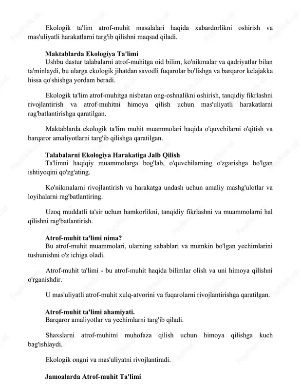atrof-muhitga nisbatan ong-oshnalikni oshirish, tanqidiy fikrlashni rivojlantirish va atrof-muhitni himoya qilish uchun mas'uliyatli harakatlarni rag'batlantirishga qaratilgan. maktablarda ekologik ta'lim muhit muammolari haqida o'quvchilarni o'qitish va barqaror amaliyotlarni targ'ib qilishga qaratilgan. talabalarni ekologiya harakatiga jalb qilish ta'limni haqiqiy muammolarga bog'lab, o'quvchilarning o'zgarishga bo'lgan ishtiyoqini qo'zg'ating. ko'nikmalarni rivojlantirish va harakatga undash uchun amaliy mashg'ulotlar va loyihalarni rag'batlantiring. uzoq muddatli ta'sir uchun hamkorlikni, tanqidiy fikrlashni va muammolarni hal qilishni rag'batlantirish. atrof-muhit ta'limi nima? bu atrof-muhit muammolari, ularning sabablari va mumkin bo'lgan yechimlarini tushunishni o'z ichiga oladi. atrof-muhit ta'limi - bu atrof-muhit haqida bilimlar olish va uni himoya qilishni o'rganishdir. u mas'uliyatli atrof-muhit xulq-atvorini va fuqarolarni rivojlantirishga qaratilgan. atrof-muhit ta'limi ahamiyati. barqaror amaliyotlar va yechimlarni targ'ib qiladi. shaxslarni atrof-muhitni muhofaza qilish uchun himoya qilishga kuch bag'ishlaydi. ekologik ongni va mas'uliyatni rivojlantiradi. jamoalarda atrof-muhit ta'limi ekologik ta'limning asosiy tarkibiy qismlari: dastur ishlab chiqish, jamoatchilikni xabardor qilish kampaniyalari va jamoatchilik ishtiroki. ekologik ta'lim: mas'uliyatli ekologik xulq-atvor …