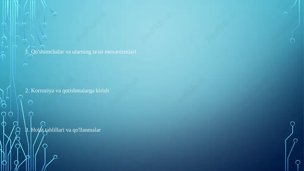 qilishi mumkin. ba'zi qo'shimchalar qotishmalarning mikrotuzilishini o'zgartirishi mumkin, bu esa ularning turli korroziya mexanizmlariga moyilligini o'zgartiradi. qo'shimchalar himoya oksid qatlamlarning shakllanishi va barqarorligini o'zgartirib, passivlikka ta'sir qilishi mumkin. qotishmalarga qo'shimchalarni o'rganish qo'shimchalar qotishmalar yuzasida himoya qatlamlar hosil qilib, ularning korroziyaga chidamliligini oshirishi mumkin. xrom va nikel kabi qotishma elementlarni qo'shish himoya oksid qatlami hosil qiladi va korroziyaga chidamliligini oshiradi. po'latdagi oltingugurt va fosfor kabi mikroelementlar mahalliy hujumni tezlashtirib, korroziyani tezlashtirishi mumkin. qo'shimchalarning mikrotuzilishga ta'siri qo'shimchalar sirt tarkibini o'zgartirish, himoya qatlamlarini hosil qilish yoki elektrokimyoviy potentsialni o'zgartirish orqali korroziyani kuchaytirish yoki to'xtatish mumkin. qo'shimchalar o'ziga xos xususiyatlariga qarab, mahalliy korroziya, donalararo korroziya yoki stressli korroziya yorilishini tezlashtirishi mumkin. qo'shimchalar don o'lchamini yaxshilashi, faza hosil bo'lishini o'zgartirishi va cho'kmalarni kiritish orqali qotishma mikrotuzilmasiga ta'sir qilishi mumkin. himoya qatlamlarining shakllanishi himoya qatlami hosil bo'lishi metall bilan korroziy muhit o'rtasida to'siq yaratish orqali korroziyani to'xtatishi mumkin. qo'shimchalar himoya qatlamlarining hosil bo'lishini o'zgartirib, elektrokimyoviy reaktsiyalarga …