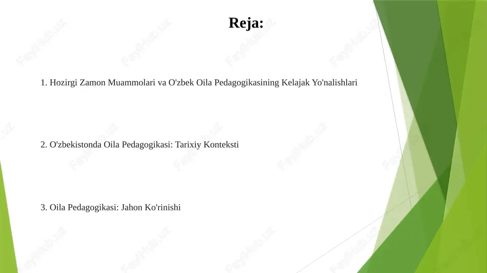 ila pedagogikasi oila tarbiyasiga ijtimoiy, madaniy va diniy ta'sirlarni ta'kidlaydi. sovet davri va o'zbekistonda oila pedagogikasi o'zbekistonning oila pedagogikasi sovet ta'siri ostida shakllandi, keyinchalik sovetdan keyingi qadriyatlarga va islom an'analariga moslashdi. o'zbekistondagi oila pedagogikasi tarixiy, madaniy va diniy ta'sirlarning aralashmasini aks ettirib, an'anaviy va zamonaviy yondashuvlarni birlashtiradi. sovetdan keyingi o'tish davri va o'zbekistonda oila pedagogikasi sovetdan keyingi o'zbekistonda oila tuzilmalari va tarbiya usullari sezilarli darajada o'zgardi. xorijiy mamlakatlardagi oila pedagogikasi ota-ona tarbiya uslublari va yondashuvlarining evolyutsiyasi haqida taqqoslash imkonini beradi. o'zbekistonda oila pedagogikasida muammolar va imkoniyatlar o'zbekistonda oila pedagogikasi tarixi: kollektivizm va davlat ta'siri, xalqaro modellar esa shaxsiy rivojlanish va oila mustaqilligini ta'kidlaydi. o'zbek oila pedagogikasi qiyinchiliklari: an'anaviy qadriyatlar zamonaviylik bilan to'qnashuvi, resurslarning yetishmasligi va davlat tomonidan qo'llab-quvvatlashning izchillik etishmasligi. o'zbekistonda oila pedagogikasi uchun kelajak yo'nalishlari madaniy qadriyatlar va an'analarni oila pedagogikasiga singdirish. oilaga yordam berish uchun dalillarga asoslangan siyosat va dasturlarni ishlab chiqish. o'zbekistonda oila pedagogikasi rivoji o'zbekistonning oila …