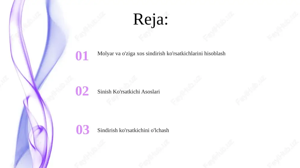 ko'rsatkichi molyar sinish ko'rsatkichi moddaning o'ziga xos sinish ko'rsatkichi, zichligi va molyar massasi yordamida hisoblanadi. o'ziga xos sinish ko'rsatkichi moddadan o'tib ketganda yorug'likning zichligiga nisbatan qancha egilishi o'lchovidir. o'lchov jarayoni refraktometr yordamida suyuqlikning sinish ko'rsatkichini o'lchang. lorentz-lorenz tenglamasidan foydalanib, molyar refraktiv indeksni hisoblang. sinish ko'rsatkichi asoslari o'ziga xos sindirish ko'rsatkichi sindirish ko'rsatkichini moddaning zichligi bilan bog'laydi. molyar sindirish ko'rsatkichi sindirish ko'rsatkichini moddaning molyar hajmi bilan bog'laydi. kelajakdagi ish 01 02 harorat va bosimning sindirish ko'rsatkichiga ta'sirini o'rganish. kimyoviy tahlil va jarayonni kuzatishda sindirish ko'rsatkichini o'lchashni o'rganish. sales 1st qtr 2nd qtr 100 0 sales 1st qtr 2nd qtr 100 0 abbe refraktometri nurni bir muhitdan ikkinchi muhitga o'tishda qancha bukilishini o'lchaydigan ko'rsatkich. o'lchangan sindirish ko'rsatkichi va suyuqlikning zichligi asosida molyar va o'ziga xos sindirish ko'rsatkichlarini hisoblash mumkin. maxsus sindirish ko'rsatkichini hisoblash maxsus sindirish ko'rsatkichini quyidagi formula yordamida hisoblang: n = (nd - 1) / d molyar sinish ko'rsatkichini quyidagi formula …