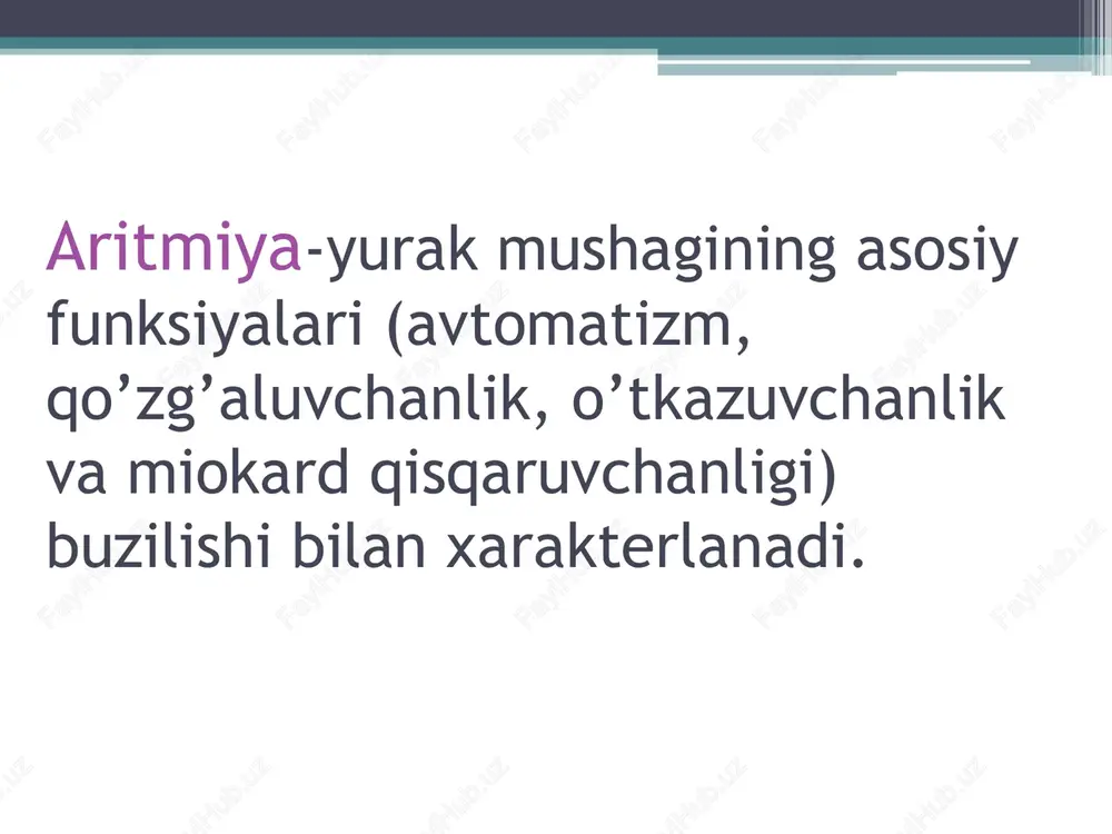 lyar ritm boshqaruvchisi migrasiyasi eksrasistoliya- bu yurakning ba’zi qismlarining ektopik o’choqdan chiqqan impuls hisobiga navbatdan tashqari qo’zg’alishi va qisqarishidir ritmik (alloritmiya) noritmik har bir ekstrasistoliyadan keyin kompesator pauza keladi ekstrasistoliya klinikasi subyektiv jihatdan sezilmasligi mumkin yoki bemor yuragi turtgandek, to’xtab qolgandek (kompensator pauzada) bo’ladi ba’zida bemorlar bosh aylanishidan, to’satdan ko’ngli lohas bo’lishidan shikoyat qiladilar ekstrasistoliya alloritmik ekstrasistoliya bo’lmachalar ekstrasistoliyasi av-birikma ekstrasistoliyasi qorinchalar ekstrasistoliyasi supraventrikulyar paroksizmal taxikardiya qorinchalar paroksizmal taxikardiyasi bo’lmachalar titrashi bo’lmachalar hilpillashi qorinchalar titrashi va hilpillashi blokadalar: 1)sinoatrikulyar blokada 2)bo’lmacha ichi blokadasi 3)atrioventrikulyar blokada 4)giss tutami oyoqchalari blokadasi sinoatrikulyar blokada: 1-daraja 2-daraja ( 3ta tip yoki mobits1,2,3) 3-daraja(to’liq blokada) bo’lmacha ichi blokadasi atrioventrikulyar blokada 1-daraja noto’liq blokada 2-daraja noto’liq blokada: 1)tip (mobits 1) 2)tip(mobits 2) 3)tip(mobits 3) 3-daraja to’liq blokada (ko’ndalang blokada) av blokada 1-daraja av blokada 2-daraja 1- va 2-tip av blokada 3-daraja frederik sindromi-hilpillovchi aritmiya bilan to’liq av blokada birga kelishi giss tutami o’ng oyoqchasining to’liq blokadasi …