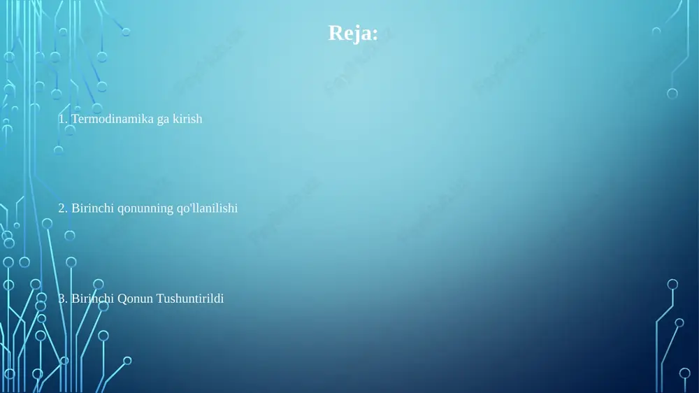 issiqlik sig'imi: moddaning haroratini bir gradus selsiyga oshirish uchun talab qilinadigan issiqlik miqdori. termodynamikaning birinchi qonuni: energiya yaratilmaydi yoki yo'q qilinmaydi, faqat o'tkaziladi yoki o'zgaradi. yalıtılgan sistemning umumiy energiyasi doimiy boʻlib qoladi. birinchi qonunning qo'llanilishi tizimlarda energiya samaradorligini tahlil qilish ichki energiya o'zgarishlarni bashorat qilish issiqlik uzatish va ishni hisoblash adiabatik jarayonlar termodinamik tizimdagi issiqlik, ish va ichki energiya o'zgarishlari o'rtasidagi bog'liqlikni miqdoriy jihatdan ifodalaydi. adiabatik jarayonlar issiqlik almashinuvisiz sodir bo'ladi, bu esa ichki energiya va haroratning o'zgarishiga olib keladi. energiya yaratilmaydi yoki yo'q qilinmaydi, faqat o'tkaziladi yoki o'zgaradi. izoxorik jarayonlar energiya yaratilmaydi yoki yo'q qilinmaydi, faqat o'tkaziladi yoki o'zgaradi. izoxorik jarayonlar - bu doimiy hajmda sodir bo'ladigan termodinamik jarayonlar. izoxorik jarayonda tizimga qo'shilgan barcha issiqlik uning ichki energiyasini oshirishga sarflanadi. ichki energiya tizimning ichki energiyasidagi o'zgarish tizimga qo'shilgan issiqlik minus tizim tomonidan bajarilgan ishga teng. ichki energiya tizimning umumiy energiyasi bo'lib, uning molekulalarining kinetik va potentsial energiyalarini o'z ichiga …
