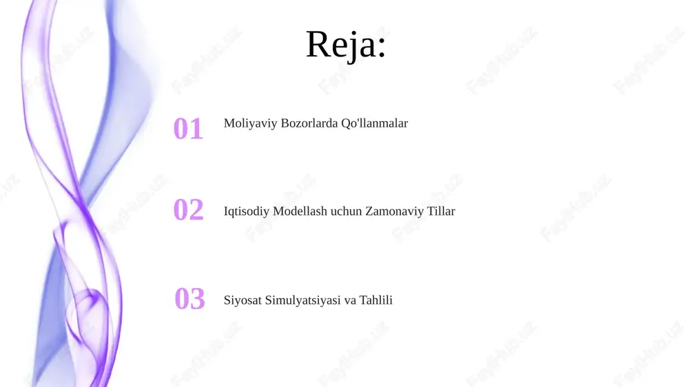 . iqtisodiyotning kelajagi: dasturlashga asoslangan dunyo zamonaviy dasturlash tillari murakkab iqtisodiy modellarning yaratilishi uchun ishlatiladi. ma'lumotlarga asoslangan yondashuvlar va simulyatsiyalar iqtisodiy tahlil va bashorat qilishda muhim rol o'ynaydi. axloqiy jihatlar: mas'uliyatli rivojlanish algorithmic biaslarni kamaytirish: mavjud iqtisodiy tengsizlikni kuchaytirishi mumkin bo'lgan algoritmik biaslarni bartaraf etish. kirish imkoniyati va inklyuziya: har kimga, texnik savodxonlik yoki ijtimoiy-iqtisodiy holatidan qat'i nazar, kirish mumkin bo'lgan dizayn echimlari. blokcheyn texnologiya: moliyani inqilob qilmoqda moliyaviy tizimlarda shaffoflik va kuzatib borish. markazlashmagan va xavfsiz tranzaksiyalar optimallashtirish algoritmlari: eng yaxshi yechimlarni topish resurs taqsimlash va narxlash kabi iqtisodiy muammolarni optimallashtirish texnikasi yordamida samarali hal qilish mumkin. optimallashtirish algoritmlari nomzod yechimlarni takroran yaxshilash orqali eng yaxshi yechimlarni topadi. iqtisodiy landshaft: zamonaviy muammo zamonaviy dasturlash tillari tahlil va modellashtirish uchun kuchli vositalarni taqdim etadi. iqtisodiy qiyinchiliklar tobora murakkablashib bormoqda. regtech: raqamli iqtisodiyotni tartibga solish 01 02 regtech texnologiyalarni moliyaviy sektoridagi qonun-qoidalarga muvofiqlikni avtomatlashtirish uchun ishlatadi. u murakkab iqtisodiy muammolarni hal …