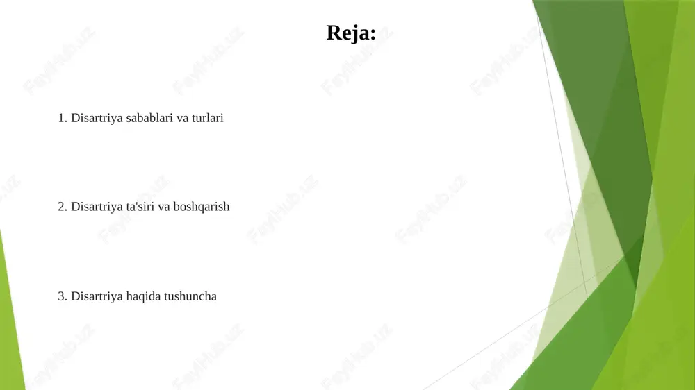 a o'zini ifoda etish qiyinchiliklari, bu ijtimoiy ajralishga va faoliyatlarda ishtirok etishning kamayishiga olib keladi. muloqot qiyinchiliklari va seziladigan cheklovlar tufayli ortgan xafa bo'lish va ruhiy tushkunlik. tadqiqot va kelajak yo'nalishlari disartriya ta'siri bilan hayot sifatini tushunishni rivojlantirish va muloqotni va ijtimoiy ishtirokni yaxshilash uchun strategiyalar ishlab chiqish. disartriya uchun samarali davolash usullarini ishlab chiqish, shu jumladan nutq terapiyasi, yordamchi texnologiyalar va farmatsevtika. disartriya davolash nutq terapiyasi, shu jumladan artikulyatsiya mashqlari, ovozni rivojlantirish va kompensatsion strategiyalar. yordamchi qurilmalar, masalan, qo'shimcha va alternativ aloqa (aac) tizimlari. kommunikatsiya strategiyalari augmentativ va alternativ kommunikatsiya (aak): gap chiqaradigan qurilmalar kabi qurilmalar yordamida muloqotni qo'llab-quvvatlash. muhit oʻzgarishlari: chalgʻituvchi omillarni kamaytirish va tushunishni yaxshilash uchun xotirjam va qoʻllab-quvvatlovchi muhit yaratish. e'tiboringiz uchun rahmat @taqdimot_robot image1.jpg image2.jpg image3.jpg image4.jpg image5.jpg image6.jpg image7.jpg image8.jpg image9.jpg image10.jpg image11.jpg image12.jpg