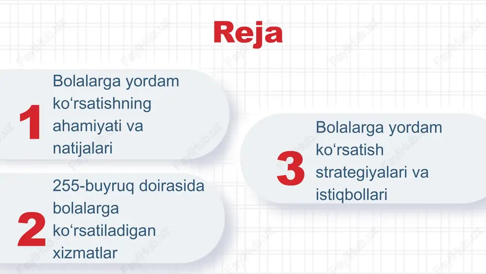 tli statsionar yordam ko‘rsatishdir. xizmatlar jarayoni xizmatlar ko‘rsatish jarayoni: rejalashtirish, amalga oshirish va nazorat qilish. xizmatlar turlari xizmatlar turlari: tibbiy, psixologik va ijtimoiy yordam. individual yondashuv har bir bolaga individual yondashuv orqali yordam ko‘rsatiladi. huquqlarni himoya qilish 255-buyruq doirasida bolalarning huquqlari va manfaatlari himoya qilinadi. xizmatlar qoidalari 255-buyruq doirasida xizmatlar bolalarga statsionar yordam bolalarga statsionar yordamning afzalliklari: - kasalliklarning erta aniqlanishi - to'liq tibbiy ko'rik o'tkazish - malakali mutaxassislar tomonidan individual yondashuv bu yordam bolalarning sog'lig'ini yaxshilash va tezroq tuzalishiga yordam beradi. bolalarga ko'rsatiladigan maxsus xizmatlar: reabilitatsiya, psixologik yordam va kasalliklar bo'yicha maxsus dasturlar. bu xizmatlar bolalarning jismoniy va ruhiy holatini yaxshilashga qaratilgan. xizmatlar samaradorligini oshirish uchun zamonaviy texnologiyalar joriy etilishi zarur. bolalarga statsionar yordam strategiyalari bolalarga statsionar yordam ko‘rsatishning asosiy maqsadlari ularning sog‘lig‘ini yaxshilash va ijtimoiy moslashuvni ta’minlashdir. shifokorlar individual yondashuv va kompleks davolash usullarini qo‘llaydilar. bolalarga ko‘rsatiladigan yordam turlari orasida tibbiy ko‘rik, reabilitatsiya, psixologik yordam va ijtimoiy xizmatlar …
