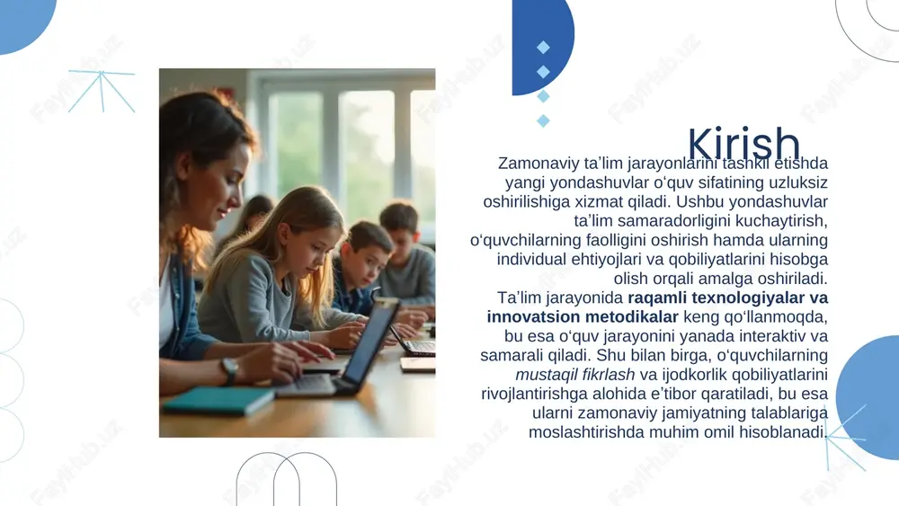 taʼlimning asosiy elementi hisoblanadi. individual oʻquv rejalari va differentsiatsiya o‘quvchilarning qobiliyatlari, ehtiyojlari va o‘rganish uslublariga mos individual o‘quv rejalari samarali taʼlimning asosidir. differentsiatsiya orqali har bir o‘quvchining rivojlanish yo‘llari va o‘rganish sur’ati aniq belgilanadi, bu taʼlim jarayonining samaradorligini oshiradi. bu yondashuv o‘quvchilarning faolligini kuchaytirib, ularni yuqori natijalarga erishishga rag‘batlantiradi. maxsus ehtiyojlari bo‘lgan o‘quvchilar uchun esa individual qo‘llab-quvvatlash choralari tashkil etilib, inklyuziv taʼlim muhitini yaratadi. taʼlim jarayonini tashkillashtirish metodlari 02 interaktiv oʻqitish usullari interaktiv o‘qitish usullari o‘quvchilarning dars jarayonida faol ishtirokini taʼminlaydi, ularning yaqindan muloqot qilish va fikr almashish imkoniyatini oshiradi. muammo yechish, guruh muhokamalari va rolli o‘yinlar kabi metodlar taʼlim samaradorligini sezilarli darajada yaxshilaydi. ushbu yondashuv o‘quvchilarni tanqidiy fikrlashga rag‘batlantiradi, taʼlim jarayonini yanada qiziqarli va amaliy qiladi. shuningdek, interaktiv usullar bilimlarni mustahkamlash va ularni kundalik hayotda qo‘llashni osonlashtiradi. guruhli va hamkorlikda oʻrganish guruhda ishlash o‘quvchilarda hamkorlik va ijtimoiy ko‘nikmalarni samarali rivojlantirishga xizmat qiladi. ushbu jarayon davomida o‘quvchilar fikr almashish, resurslarni …