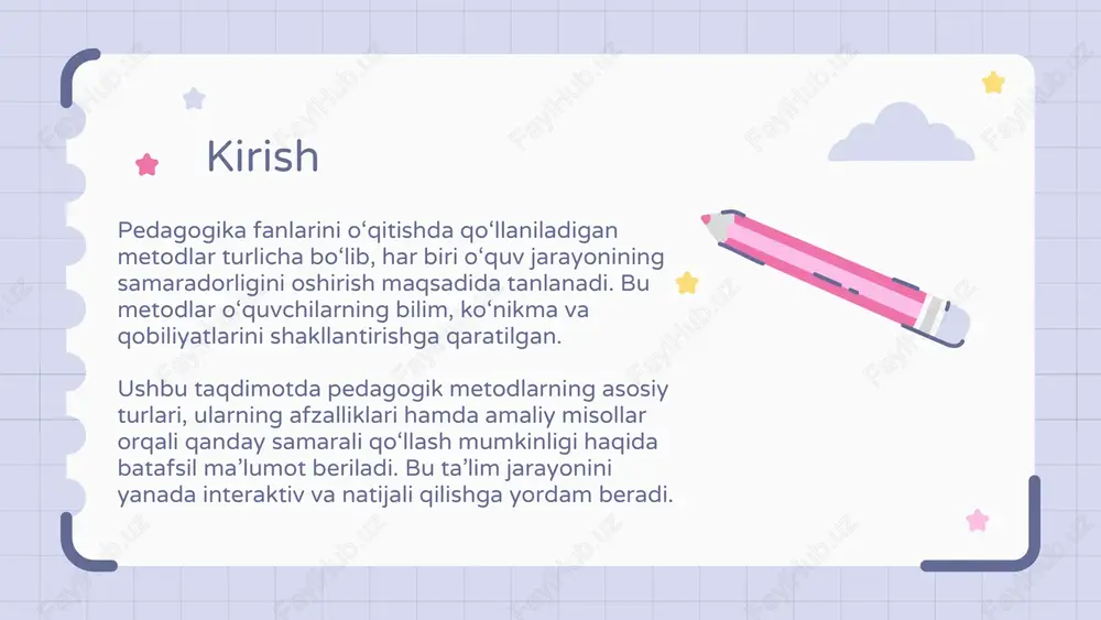 ur egallaydi. bunday yondashuvlar nafaqat o‘quvchilarning qiziqishini oshiradi, balki ularga mustaqil o‘rganish imkonini yaratib, ta’lim sifatini sezilarli darajada yaxshilaydi. innovatsion metodlar pedagogik jarayonga yangi dinamika olib kiradi. misollar asosida metodlarni qo‘llash faol-o‘quv metodlari o‘quvchilarni mustaqil fikrlashga, muloqotga va muammolarni hal qilishga undaydi. guruh muhokamalari, loyiha ishlari, va rolli o‘yinlar bunga misoldir. ushbu metodlar talabalarning bilim qabul qilishini va amaliy ko‘nikmalarini yaxshilashda samaralidir. loyiha asosida o‘qitish loyiha asosida o‘qitish o‘quvchilarning mustaqil ish faoliyatini rivojlantirishga qaratilgan samarali pedagogik yondashuvdir. ushbu metod orqali talabalar real hayotdagi muammolarni aniqlab, ularga amaliy yechimlar topishga o‘rgatiladi. loyihalar ustida ishlash analitik tafakkur va ijodkorlikni oshiradi, shuningdek, jamoaviy ish va muammolarni hal etish ko‘nikmalarini mustahkamlaydi. bu yondashuv o‘quvchilarning bilimi va ko‘nikmalarini kengaytirishda muhim rol o‘ynaydi. guruhlarda muloqot va muhokama guruhlarda muloqot va muhokama o‘quvchilarga o‘z fikrlarini erkin bildirish va boshqalar bilan samarali fikr almashish imkonini yaratadi. bu jarayon talabalarni konstruktiv fikrlashga undaydi hamda ularning ijtimoiy va kommunikatsion ko‘nikmalarini …