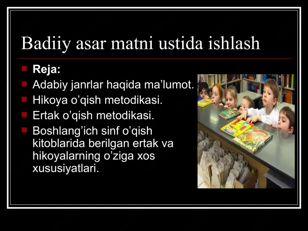 darsida o’quvchilar ma’nosini tushunmaydigan so’z va iboralar ma’nosini tushuntirish ham muhim, aks holda, ular hikoya mazmunini tushuna olmaydilar. so’z ma’nosini tushuntirishga ko’p vaqt sarflamay, asar mazmunini tushunishda eng zarur bo’lgan so’zni qisqa izoh berish bilan tushuntiriladi.(“o’quvchilar nutqini o’stirish metodikasi” bo’limiga qarang). hikoyani o’qishda hikoya mazmunini tahlil qilish va shu asosda o’quvchilar nutqini o’stirish markaziy o’rin egallaydi. hikoya o’qilgach, o’quvchilar o’ylashi, o’z mulohazalarini aytishi uchun tayyorlanishga vaqt berish talab etiladi. o’qilgan asar yuzasidan beriladigan dastlabki savollardan maqsad hikoya bolalarga yoqqan-yoqmagani, undagi qaysi qaxramonning xarakteri bolaga ta’sir etgani, bolalar kim yoki nima haqida hikoya qilib berishni istashini bilishdan iborat. shundan keyingina hikoya xarakterini tushunishga, nihoyat, asarning asosiy g’oyasini bilib olishga yordam beradigan savollardan foydalaniladi. badiiy asarni tahlil qilish badiiy asarni tahlil qilishda syujetni to’liq tushuntirishga berilib ketib, qatnashuvchilarga xarakteristika, asar qurilishi va tilini tahlil qilish kabi ish turlari e’tibordan chetda qolmasligi lozim. savollarni, odatda, o’qituvchi beradi, ammo asar mazmuni, qatnashuvchi shaxslarning xulq-atvorini …