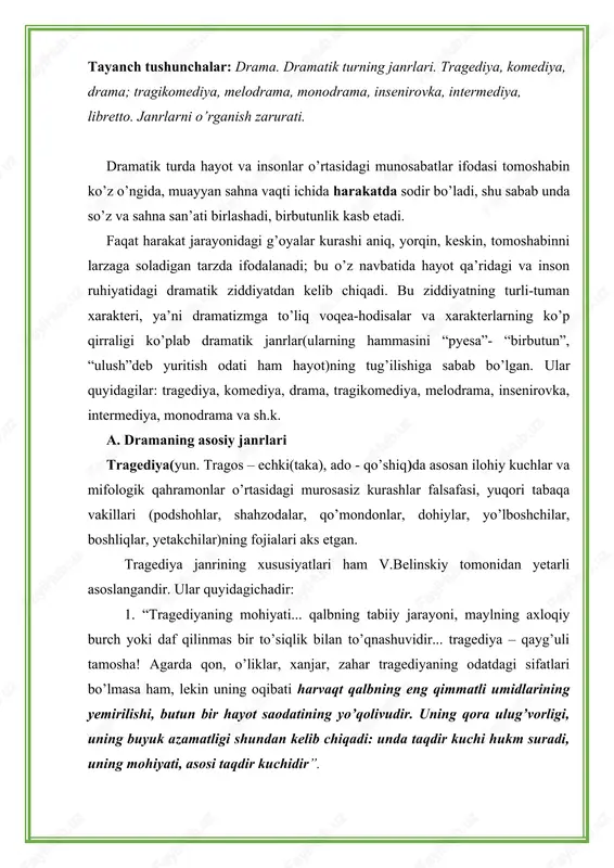 idir”. 2. tragediya “asosida buyuk haqiqat, yuksak donolik yotadi. kurashda o’lgan yoki g’alabada halok bo’lgan qahramonga biz chuqur qayg’uramiz. lekin bu kurashsiz, bu halokatsiz u qahramon bo’lmasligini, o’z shaxsiyati bilan abadiy substansial kuchlarni, jahonni va o’zgarmas borliq qonunlarni amalga oshira olmasligini bilamiz”. 3. “buyuk axloqiy vazifalarni hal qilish uchun taqdir eng asl ruhlarni, kishilik dunyosi boshida turgan yuksak ruhli shaxslarni, axloqiy dunyoning tiragi bo’lgan substansial kuchlarni o’zida gavdalantirgan qahramonlarni tanlaydi. faqat oliy tabiatli odam tragediyaning qahramoni yoki qurboni bo’la oladi; voqyelikning o’zida ahvol shunday”. 4. “har qanday tragediyadan mash’um halokatni yo’qoting, siz bu bilan uni buyuklikdan, butun ma’nodan mahrum qilasiz, buyuk asardan oddiy bir narsa yasaysiz, u birinchi galdayoq o’zining butun nafis kuchini yo’qotadi”. 5. “tragediya ko’proq sun’iy asardir”. “mana shuning uchun tarixiy shaxslarni buzib ko’rsatishga oz yo’l qo’yilsa ham; tragediyaning go’yo qat’iy huquqidir, bu uning mohiyatidan kelib chiqadi. tragediyachi o’z qahramonini ma’lum tarixiy vaziyatda ko’rsatishni istaydi: tarix unga vaziyat …