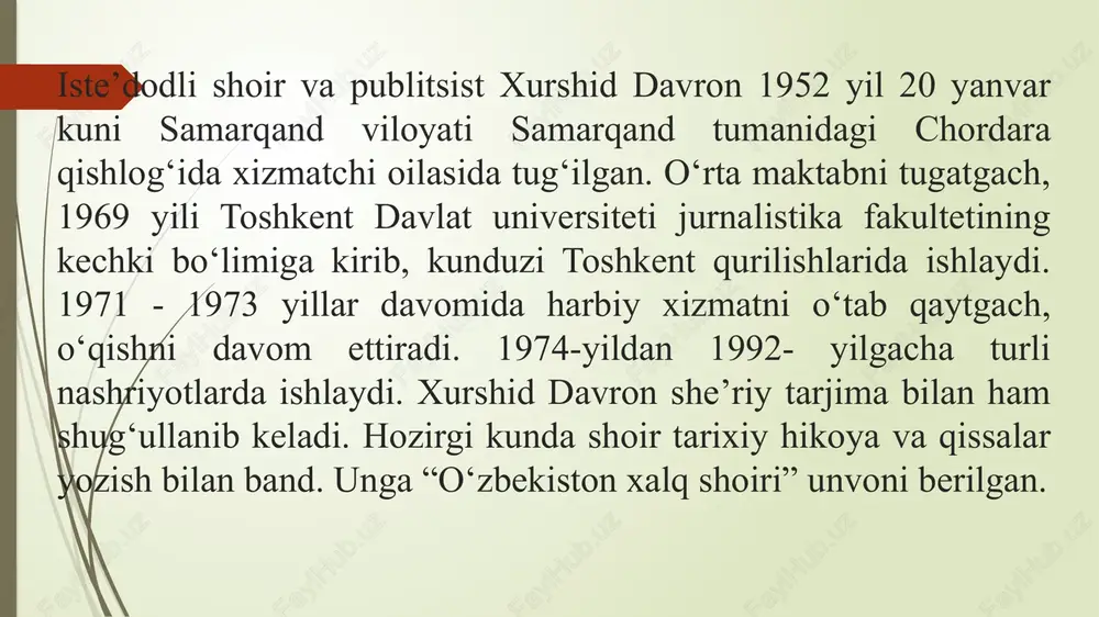 teatrlashtirilgan tomoshalar va 21 qismli “temurnoma”, 2 qismli “buxoroyi sharif” videofilmlari ssenariylari muallifi. xurshid davron she'rlari 40 dan ortiq xorijiy tillarga tarjima qilingan. uning kitoblari va she'rlari azarbayjon, polsha, xitoy, bolgariya, rossiya, turkiya, eron, fransiya, ispaniya, aqsh, yaponiya, mo'g'iliston, hindiston, germaniya, latviya, litva, tojikiston,qirg'iziston,turkmaniston va boshqa davlatlarda nashr etilgan. rus tilida 2 kitobi ("drevniy napev molodogo dojdya". moskva., molodaya gvardiya, 1982 va "polet odinokoy ptitsi". toshkent., 1989 ) nashr etilgan. xurshid davron 1993 yilda turkiyaning bursa shahrida bo'lib o'tgan birinchi turkiy shoirlar anjumanida, 1996 yilda vashingtonda bo'lib o'tgan osiyo adiblari kongressida,rossiya, polsha, bolgariya, janubiy koreyada o'tkazilgan poeziya festivallarida ishtirok etgan. 1995-yilda tarixiy-ma'rifiy izlanishlari natijasida "sohibqiron nabiralari" qissasini yozdi. bu asar butun jahonga ma'lum va mashhur buyuk astronom mirzo ulug‘bekning 600 yillik ayyomi munosabati bilan yaratilgan bo‘lib, nafaqat buyuk astronom haqida, balki millatimizning shukuhli qahramoni amir temur va sadoqatli va o‘ta farosatli ayoli bibixonim haqida hikoya qiladi. asar orqali biz amir …