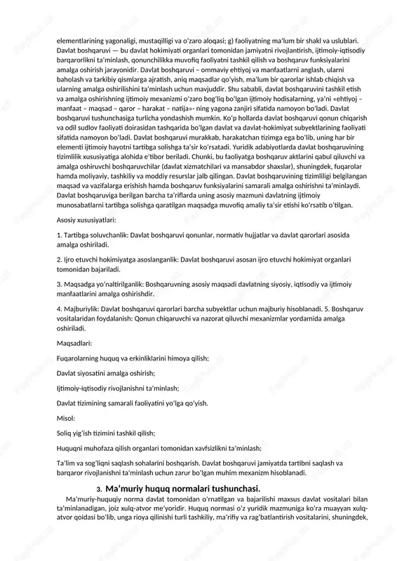 ni bir subyekt huquqlariga boshqa subyektning majburiyatlari mos keladi yoki aksincha. ma’muriy huquq normasi o‘z-o‘zidan muayyan ma’muriy-huquqiy munosabatni vujudga keltirmaydi. u bunday munosabat vujudga kelishining asosi bo‘lib, tegishli sharoitda va tegishli subyektlar mavjud bo‘lganda boshqaruvga oid munosabat ma’muriy-huquqiy shakl-shamoyil kasb etadi. ma’muriy-huquqiy norma taraflar vakolatlarining hajmini, ularning o‘zaro huquq va majburiyatlarini, shuningdek, majburiyatlarni bajarmaganlik yoki huquqlarni buzganlik uchun yuridik javobgarlikni belgilaydi. ma’muriy-huquqiy norma bir taraf uchun mumkin bo‘lgan xulq-atvor turi va me’yorini, boshqa taraf uchun esa, joiz xulq-atvor turi va me’yorini belgilaydi. ma’muriy-huquqiy munosabatni davlat boshqaruvi sohasida vujudga keluvchi, ma’muriy-huquqiy norma bilan tartibga solingan boshqaruvga oid ijtimoiy munosabat sifatida tavsiflash mumkin. ma’muriy huquq nazariyasida qayd etilishicha, barcha ma’muriy-huquqiy munosabatlar boshqaruvga oid munosabatlarning yuridik shakli bo‘lganligi bois, ularga boshqaruvning asosiy xususiyatlari xosdir. ular davlat boshqaruvi funksiyalarini amalga oshirish jarayonida turli jamoalar o‘rtasida yuzaga keluvchi ijtimoiy munosabat shakllaridan biridir. ular o‘z mazmuniga ko‘ra irodaviy munosabatlardir, chunki ma’muriy-huquqiy munosabatlar o‘z ishtirok- chilarining xohish-irodasi …