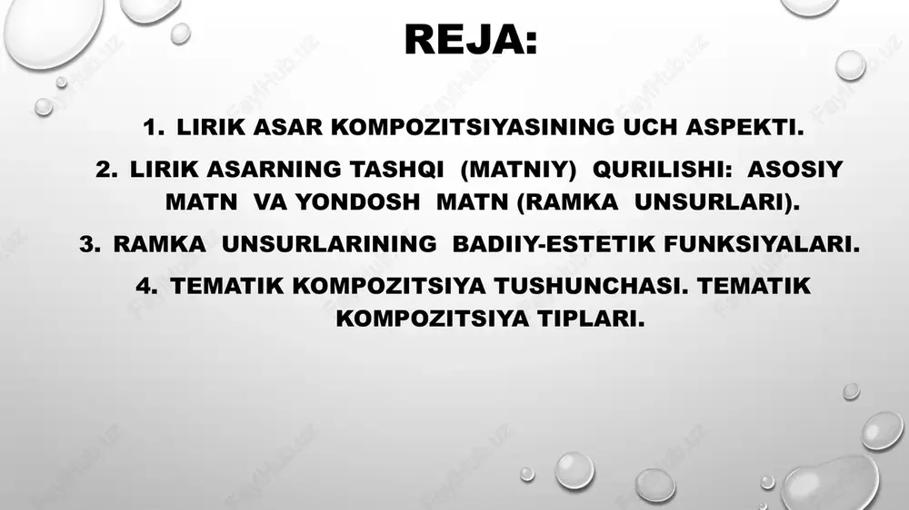 ni paydo qilishga qaratilgan. «burgut», «dorboz», «tilla baliqcha» kabi sarlavhalar mavzuning asosi bo‘lmish obrazni ta’kidlab ataydi, asosiy matn esa obrazning muhim bir jihatini (masalan, burgutda «maqsadsizlik», tilla baliqchada «biqiqlik») bo‘rtiq tarzda ifodalaydi. natijada badiiy xotiramizda: «burgut», «dorboz», «tilla baliqcha» obrazlari muhrlanadi, bas, endi sarlavha tilga olinishi bilan mohiyat yodga keladigan bo‘ladi ayrim sarlavhalar she’rdagi his-kechinma, o‘y-fikrlar yuzaga kelgan holat, bunga turtki bergan narsa, hodisa, joy kabilarni aniqlashtirishga xizmat qiladi: «samolyotda yozilgan she’r», «pahlavon mahmud qabri qoshida», «munojot»ni tinglab...» singari. shu xil sarlavhalar ko‘pincha lirik qahramon his-kechinmalarini anglash uchun kalit vazifasini o‘taydiki, buni tasavvur qilish uchun quyidagi she’rga diqqatni tortamiz: lirik asar kompozitsiyasi tezis asosiy fikr antitezis asosiy fikrni qo’llab quvvatlash sintez xulosa ayrim hollarda shoir o‘zi yaratgan lirik she’rni tamom yangicha, o'ziga xos hodisa o'laroq anglaydi, shuni ta’kidlash ehtiyojini his qiladi: to’rtlik – i.mirzo qayirma – a.suyun ignabarg, uchchanoq – a.obidjon uchlik – abdulla sher firqa, tasbeh – f.afro’z 1. …